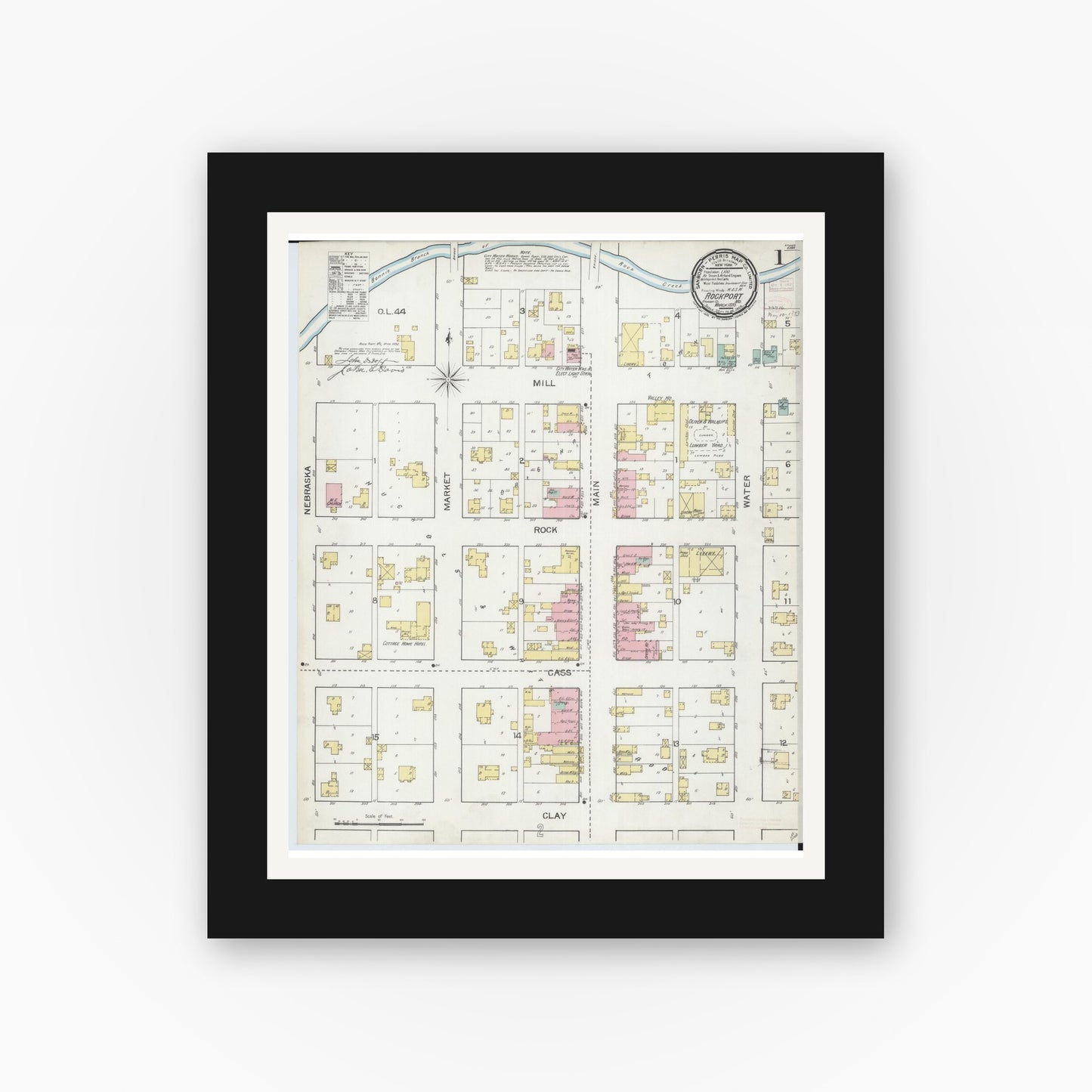 Old map wall art mockup — black gallery frame with white mat — Sanborn Fire Insurance Map from Rockport, Atchison County, Missouri (1893) - Complete Map Set