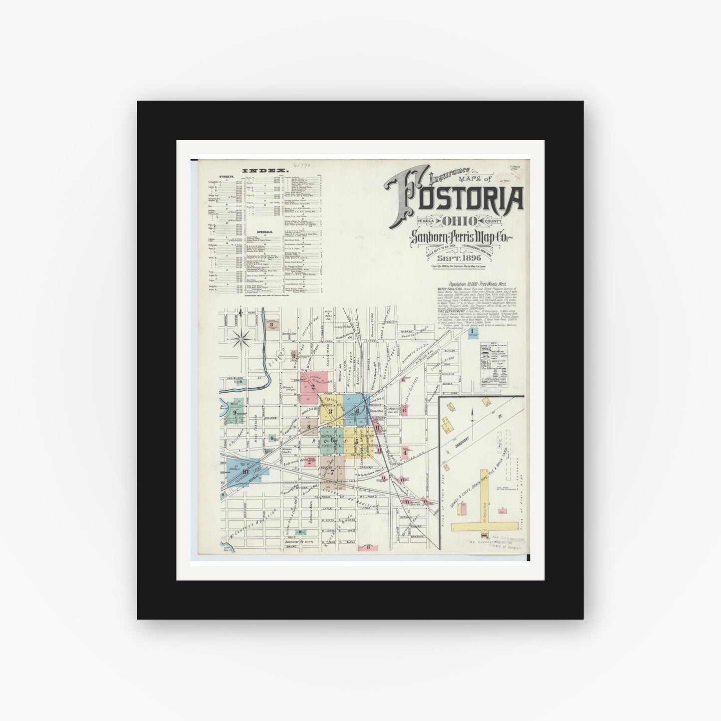 Old map wall art mockup — black gallery frame with white mat — Sanborn Fire Insurance Map from Fostoria, Seneca, Hancock, And Wood Counties, Ohio (1896) - Complete Map Set