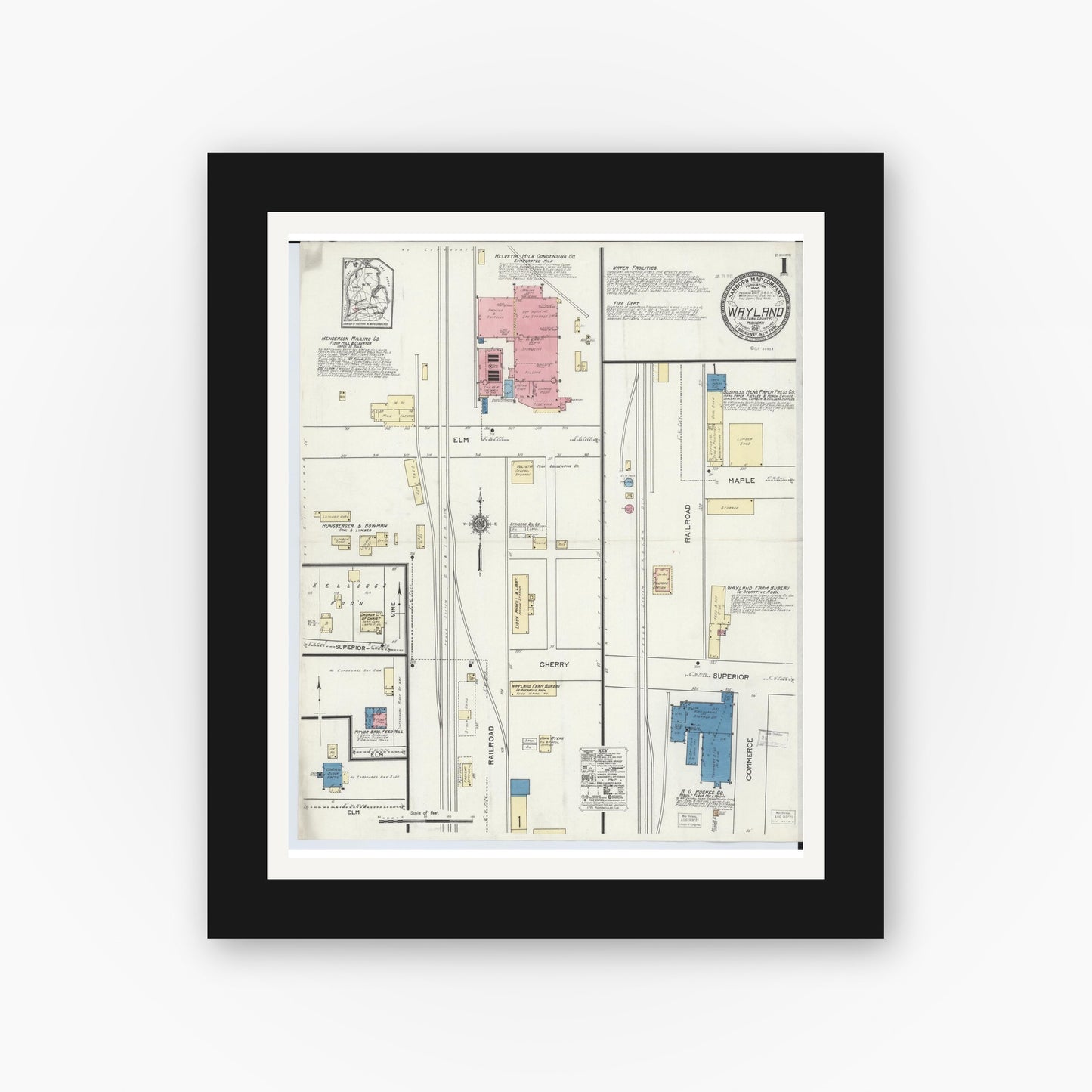 Old map wall art mockup — black gallery frame with white mat — Sanborn Fire Insurance Map from Wayland, Allegan County, Michigan (1921) - Complete Map Set