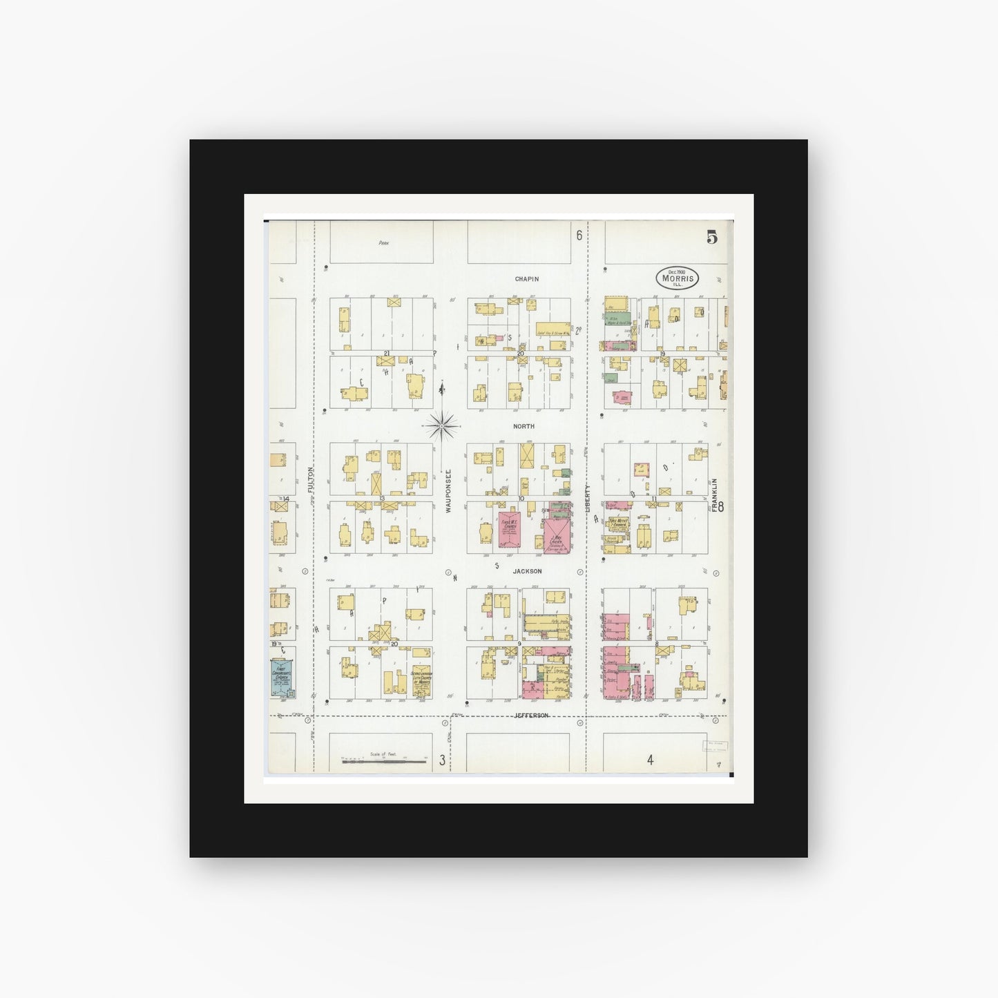 Old map wall art mockup — black gallery frame with white mat — Sanborn Fire Insurance Map from Morris, Grundy County, Illinois (1900), Sheet #0005