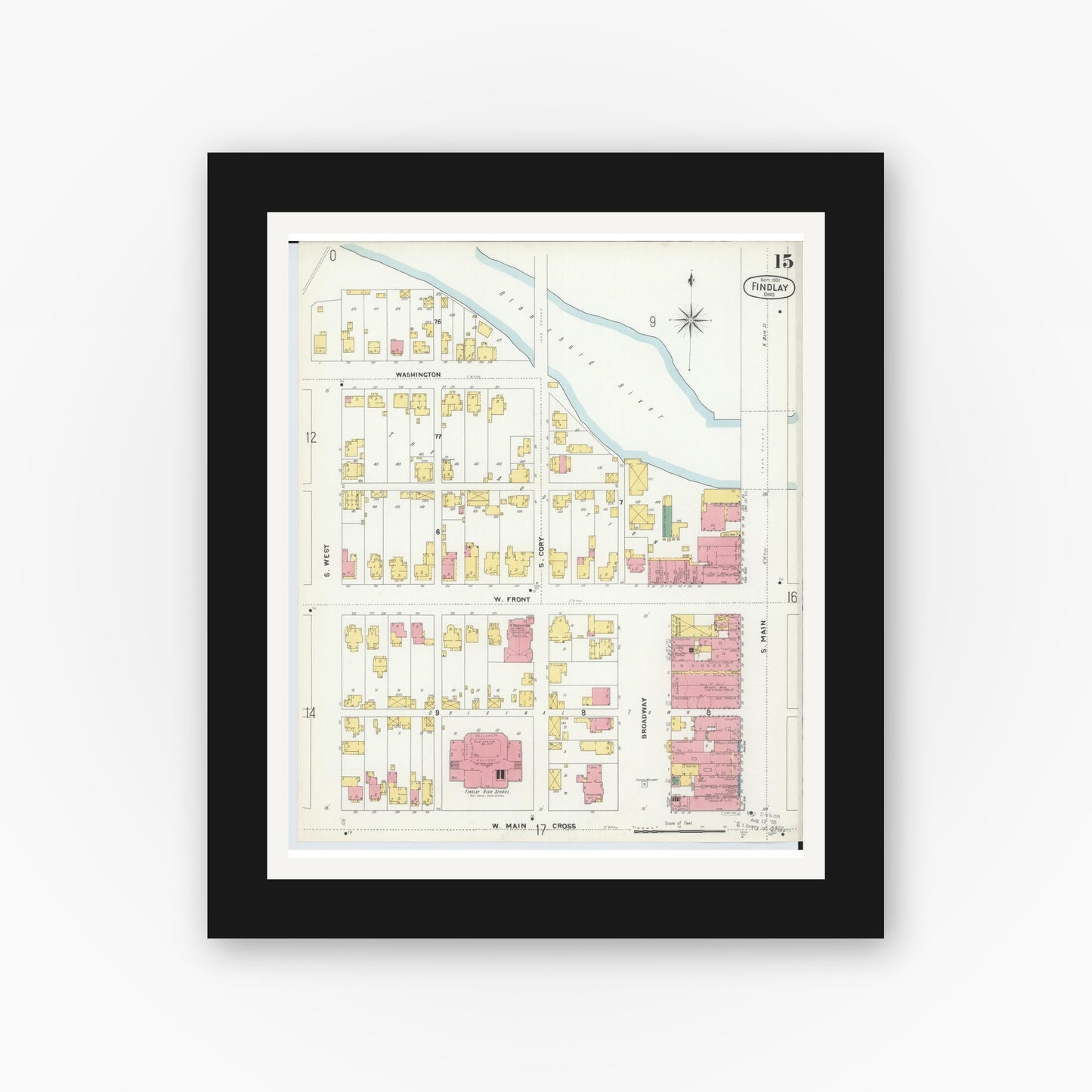 Old map wall art mockup — black gallery frame with white mat — Sanborn Fire Insurance Map from Findlay, Hancock County, Ohio (1901), Sheet #0015