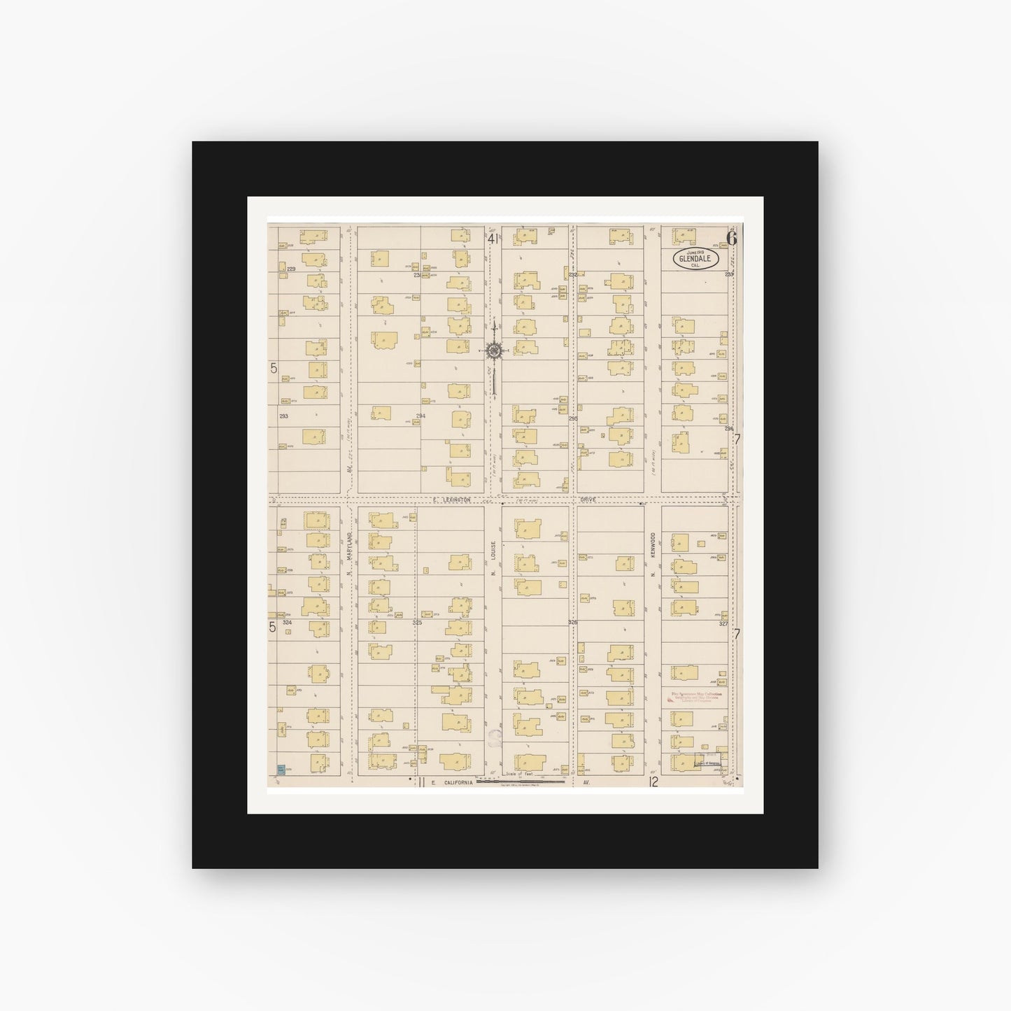 Old map wall art mockup — black gallery frame with white mat — Sanborn Fire Insurance Map from Glendale, Los Angeles County, California (1919), Sheet #0006