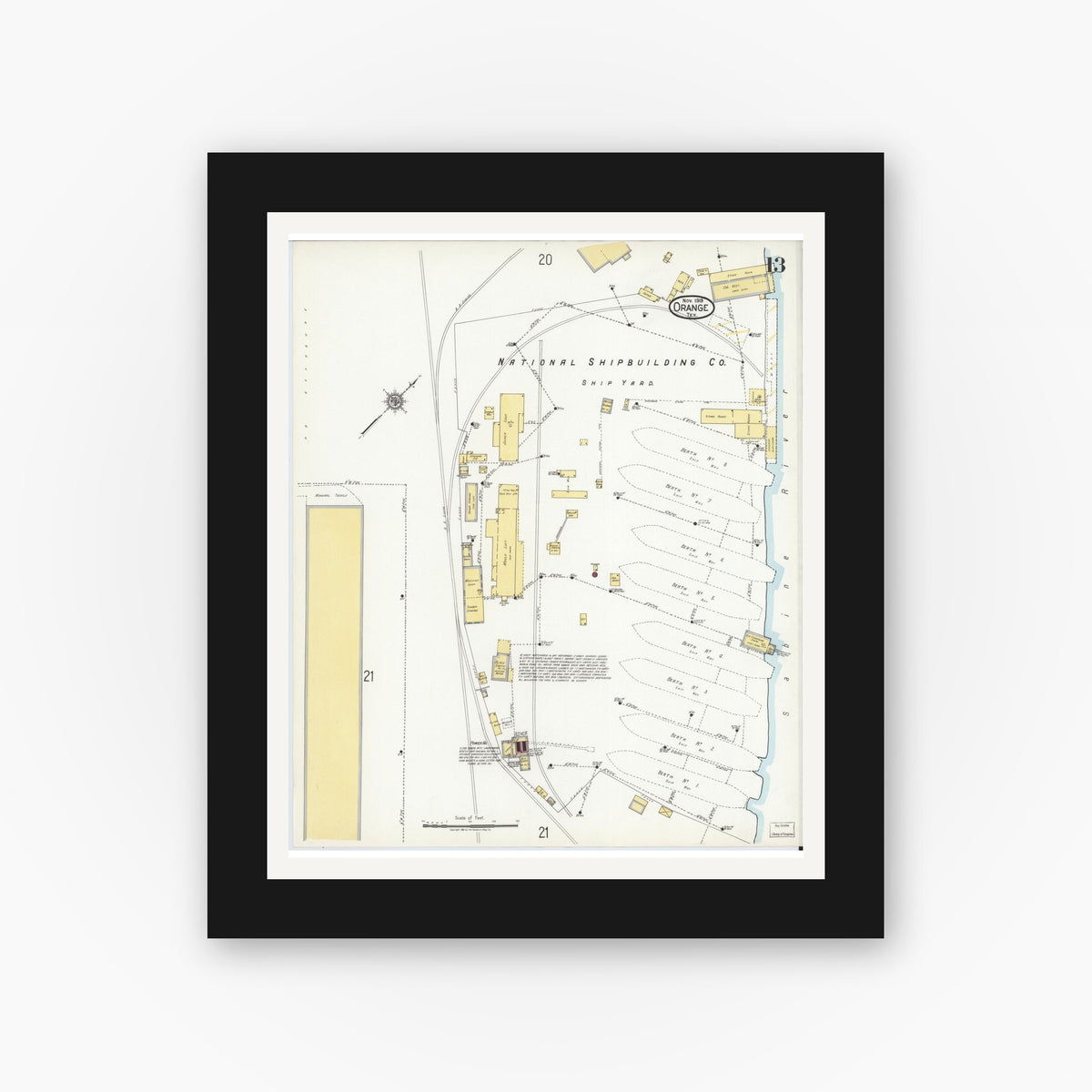 Old map wall art mockup — black gallery frame with white mat — Sanborn Fire Insurance Map from Orange, Orange County, Texas (1919), Sheet #0013