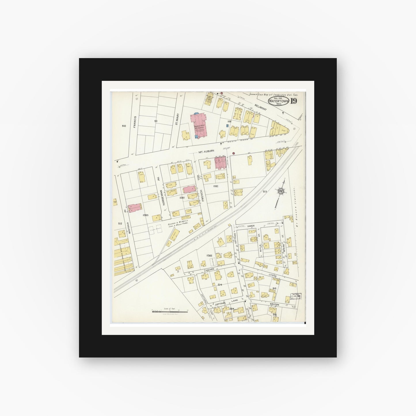 Old map wall art mockup — black gallery frame with white mat — Sanborn Fire Insurance Map from Watertown, Middlesex County, Massachusetts (1916), Sheet #0019