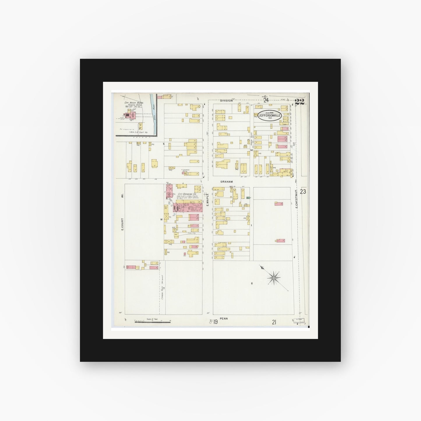 Old map wall art mockup — black gallery frame with white mat — Sanborn Fire Insurance Map from Jeffersonville, Clark County, Indiana (1898), Sheet #0022