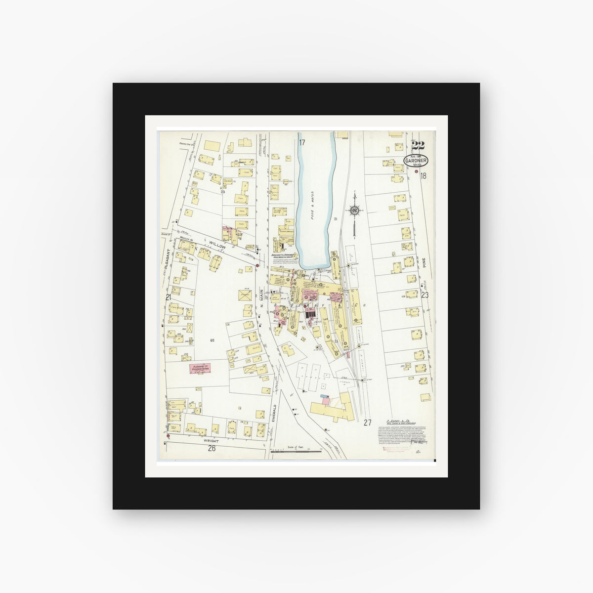 Old map wall art mockup — black gallery frame with white mat — Sanborn Fire Insurance Map from Gardner, Worcester County, Massachusetts (1914), Sheet #0022