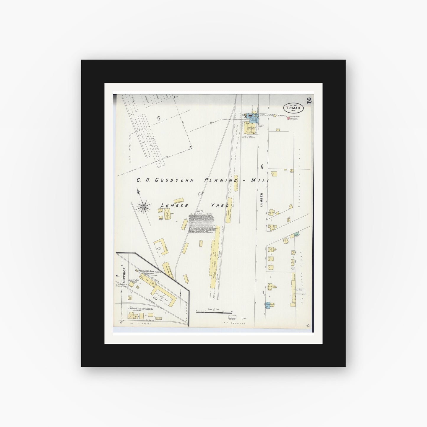 Old map wall art mockup — black gallery frame with white mat — Sanborn Fire Insurance Map from Tomah, Monroe County, Wisconsin (1897), Sheet #0002