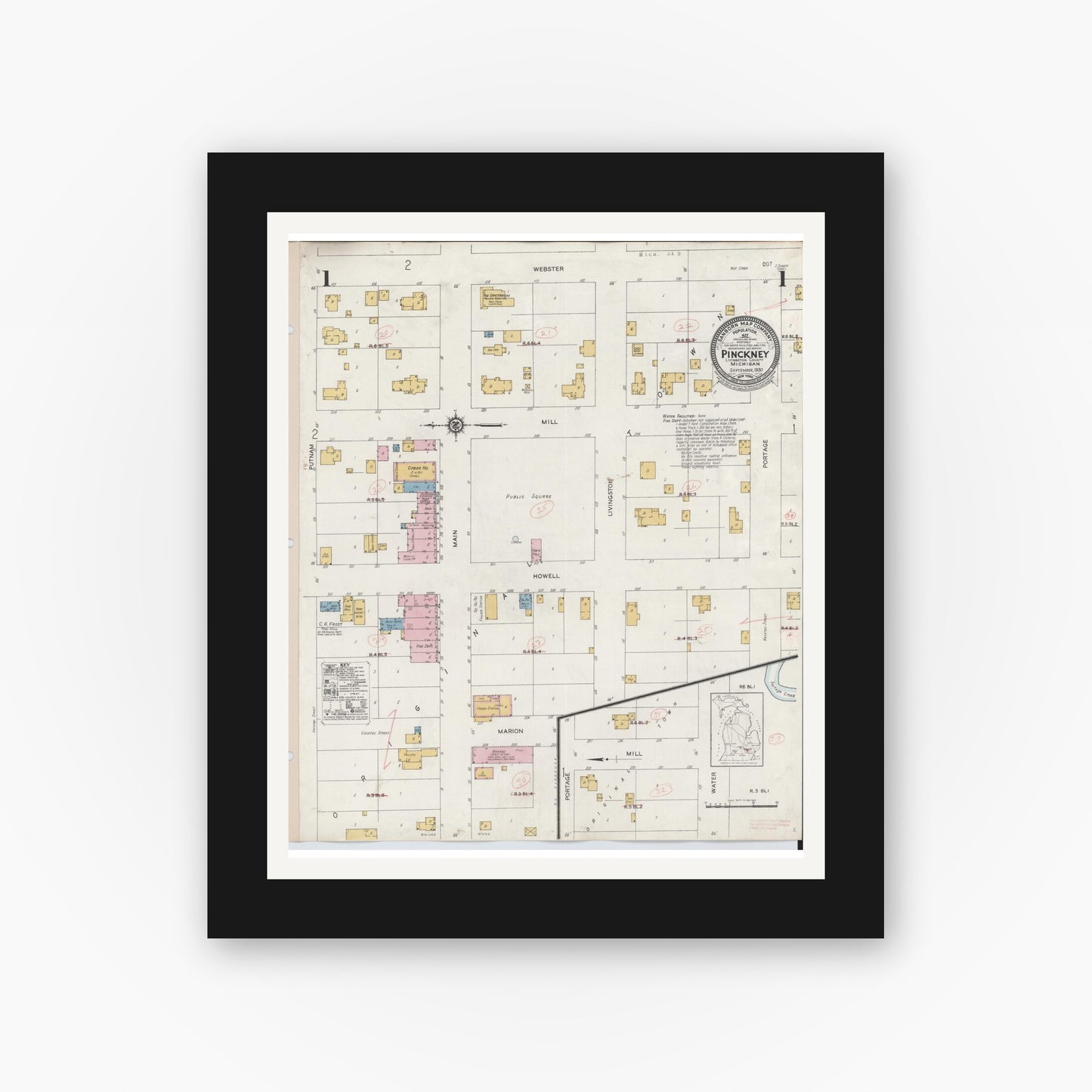 Old map wall art mockup — black gallery frame with white mat — Sanborn Fire Insurance Map from Pinckney, Livingston County, Michigan (1930) - Complete Map Set