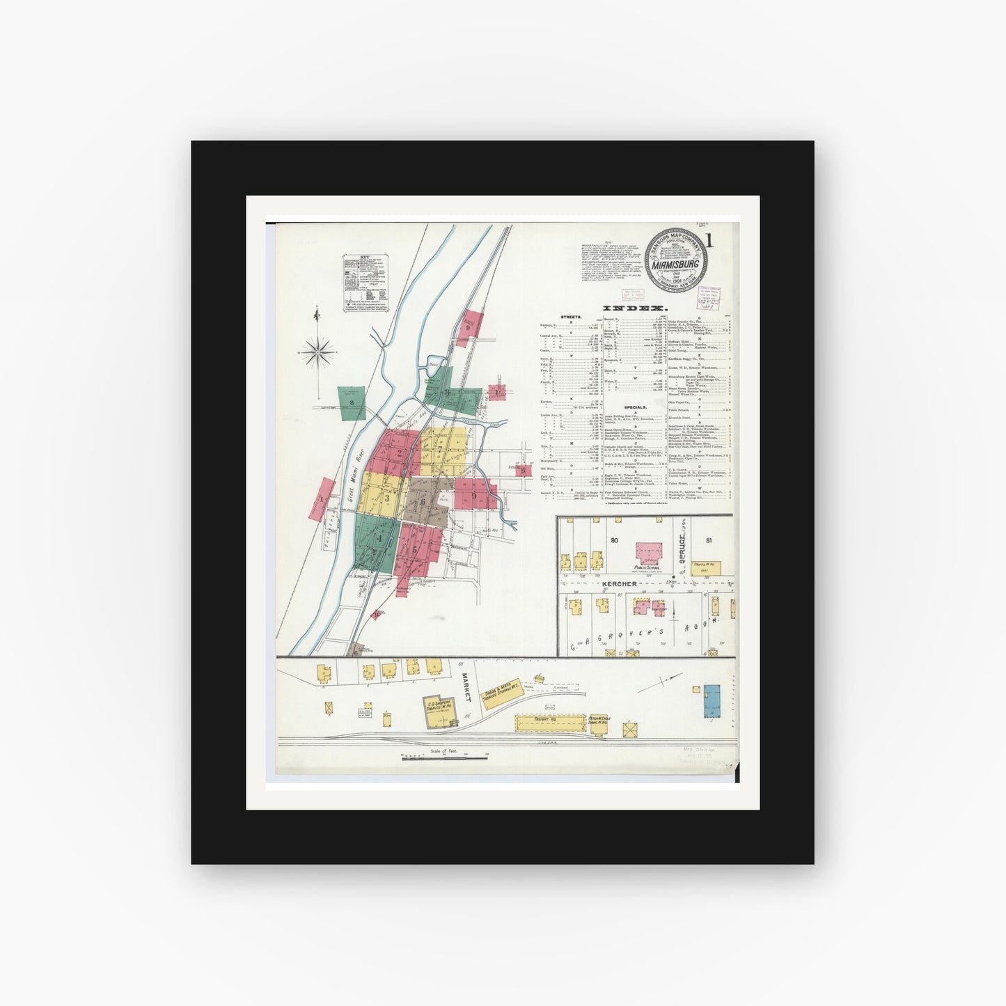 Old map wall art mockup — black gallery frame with white mat — Sanborn Fire Insurance Map from Miamisburg, Montgomery County, Ohio (1905), Sheet #0001