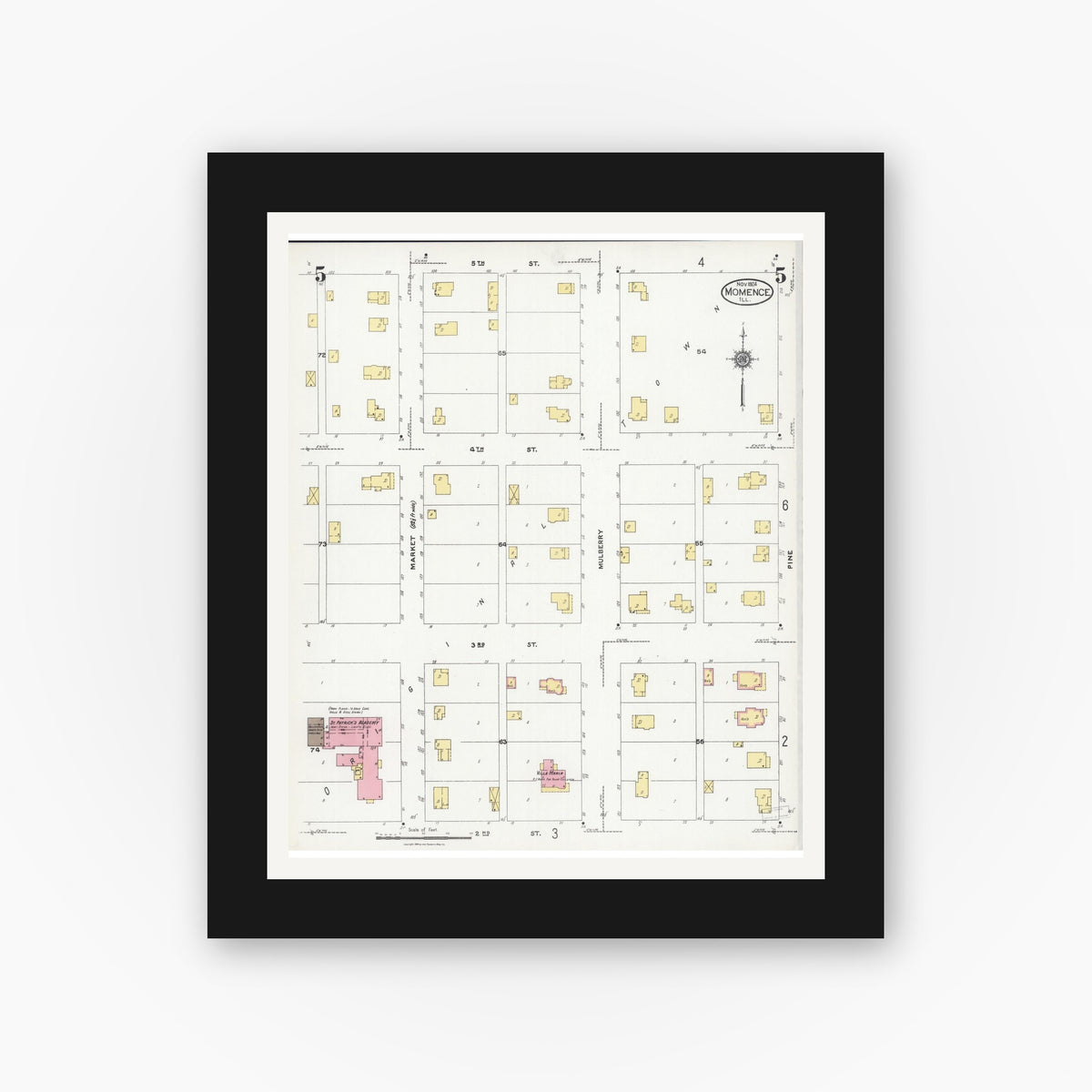 Old map wall art mockup — black gallery frame with white mat — Sanborn Fire Insurance Map from Momence, Kankakee County, Illinois (1924), Sheet #0005