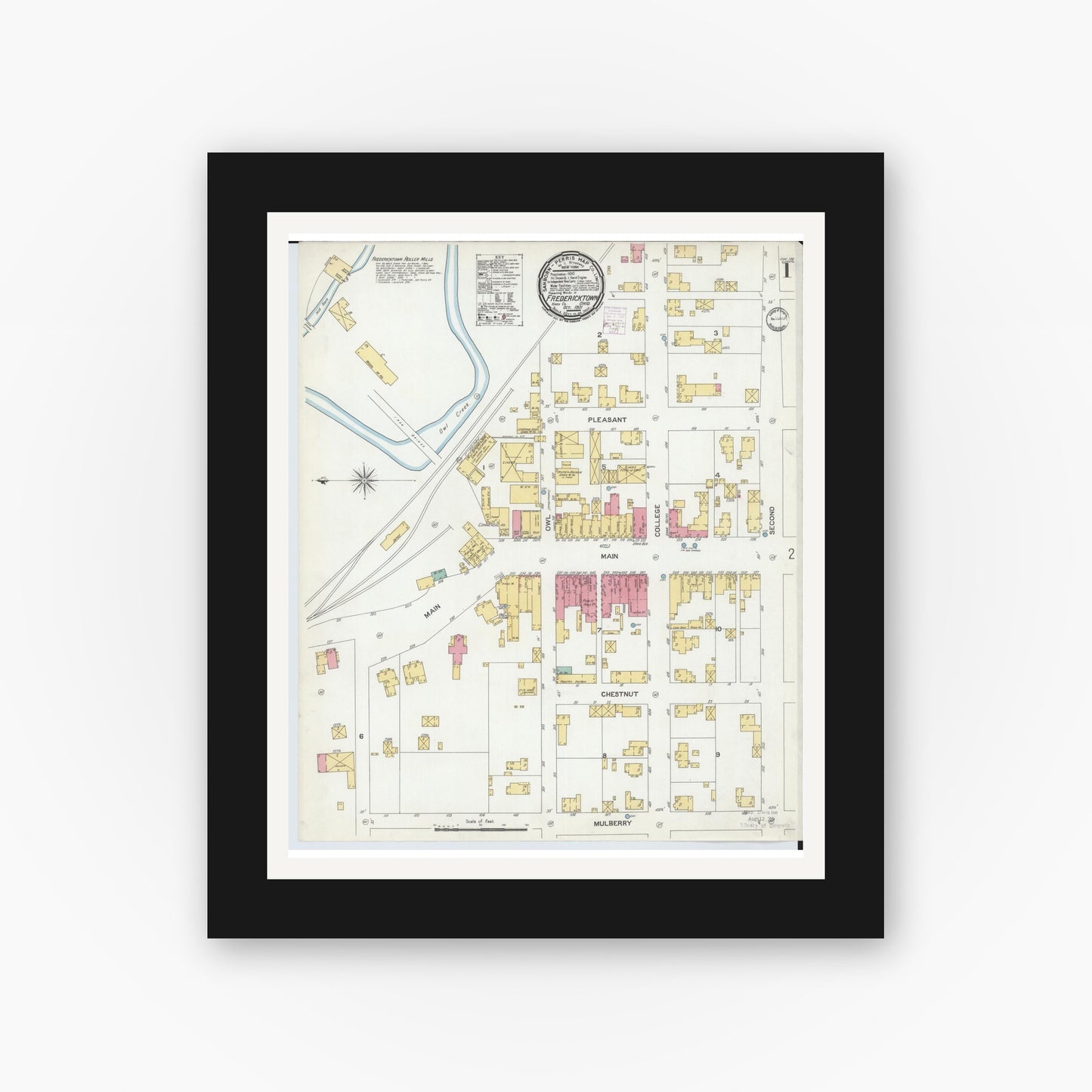 Old map wall art mockup — black gallery frame with white mat — Sanborn Fire Insurance Map from Fredericktown, Knox County, Ohio (1901), Sheet #0001