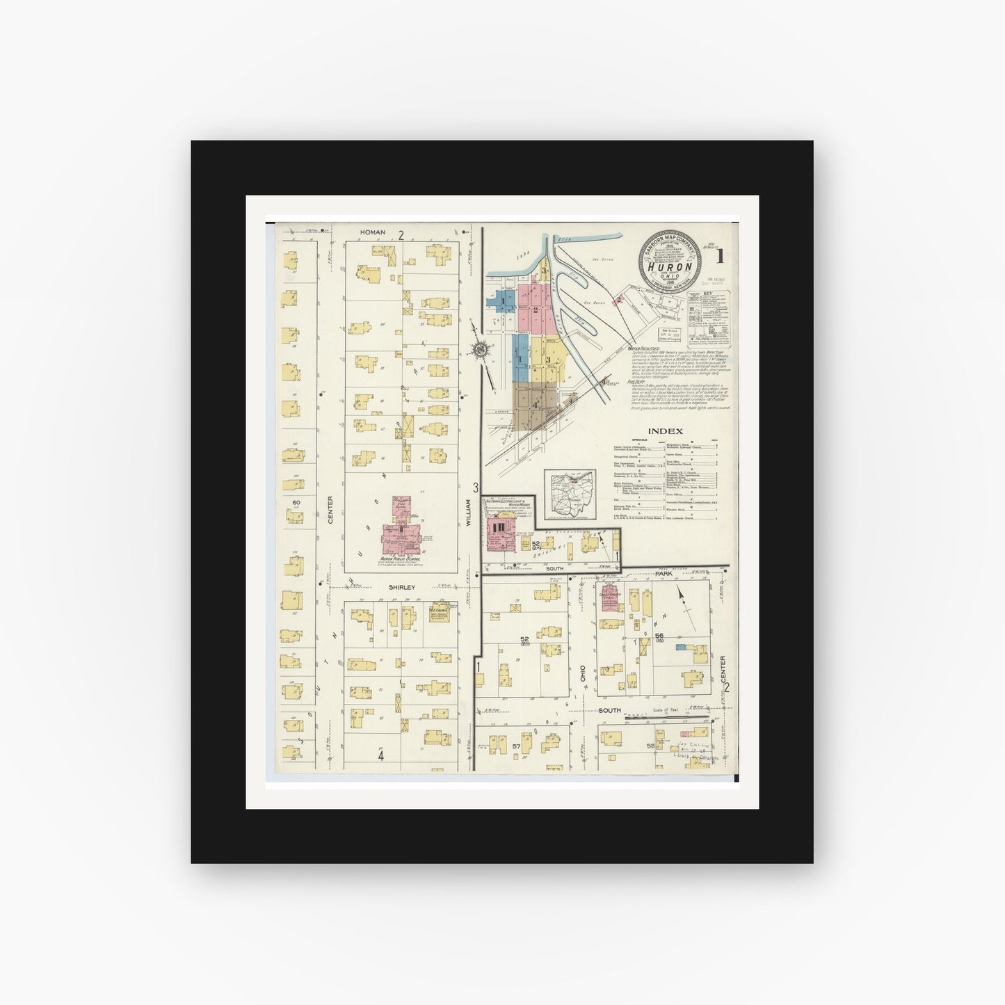 Old map wall art mockup — black gallery frame with white mat — Sanborn Fire Insurance Map from Huron, Erie County, Ohio (1916) - Complete Map Set