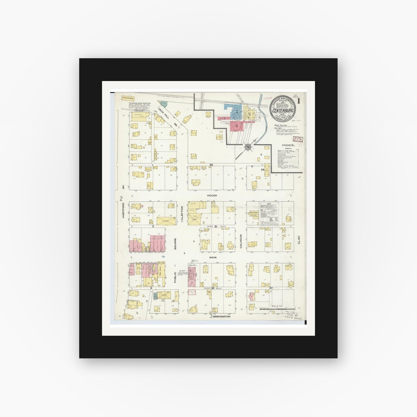 Old map wall art mockup — black gallery frame with white mat — Sanborn Fire Insurance Map from Centerburg, Knox County, Ohio (1909) - Complete Map Set