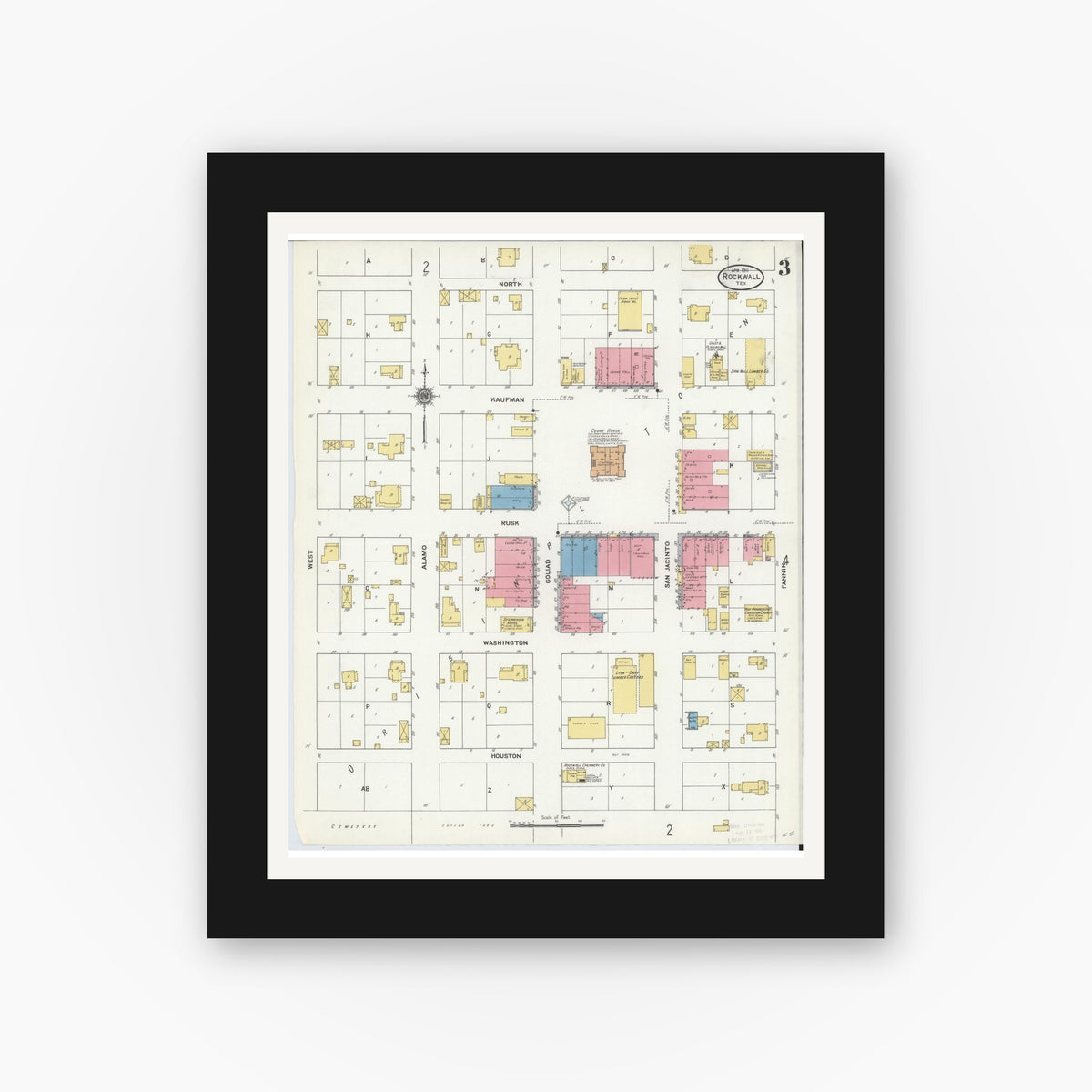 Old map wall art mockup — black gallery frame with white mat — Sanborn Fire Insurance Map from Rockwall, Rockwall County, Texas (1911), Sheet #0003