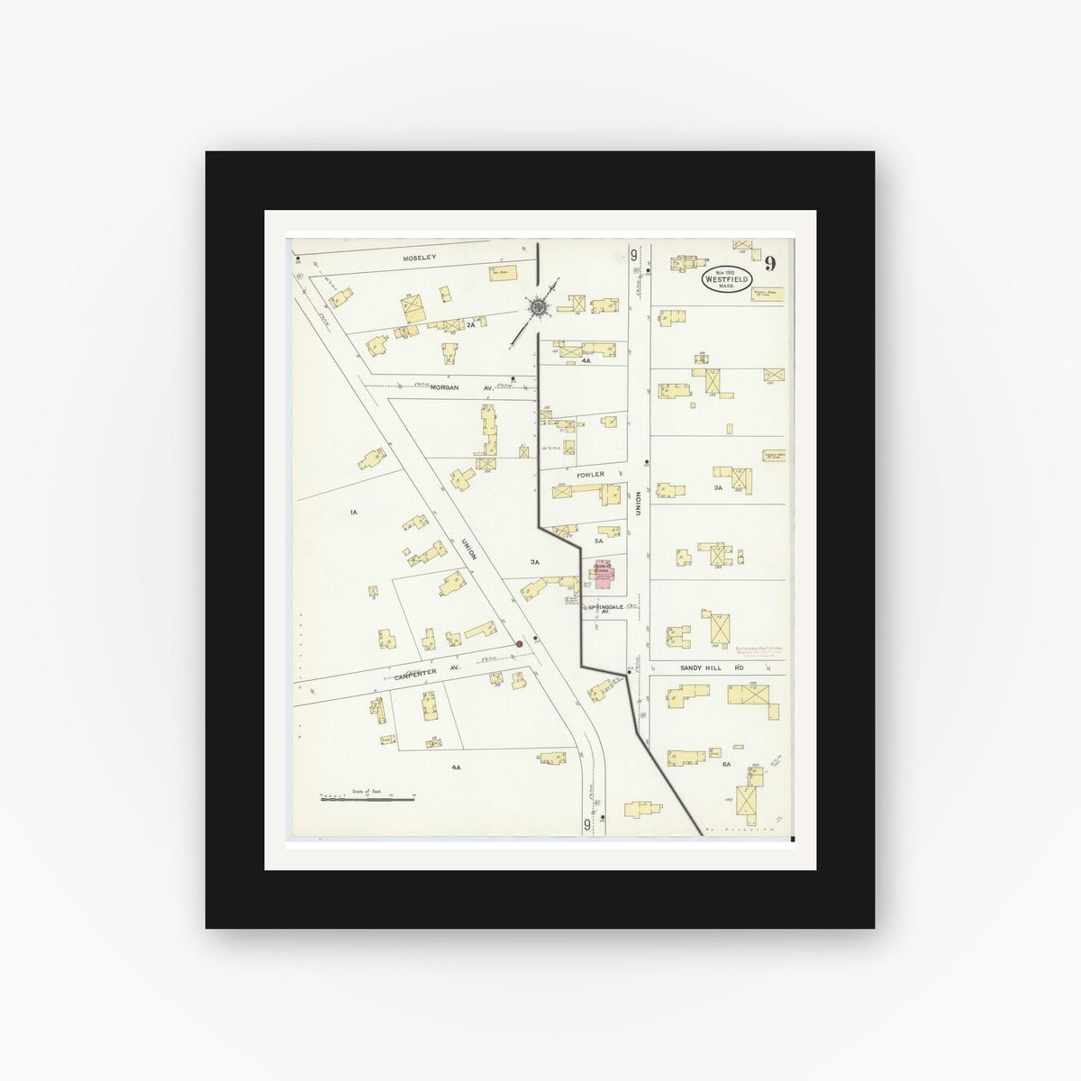 Old map wall art mockup — black gallery frame with white mat — Sanborn Fire Insurance Map from Westfield, Hampden County, Massachusetts (1910), Sheet #0009