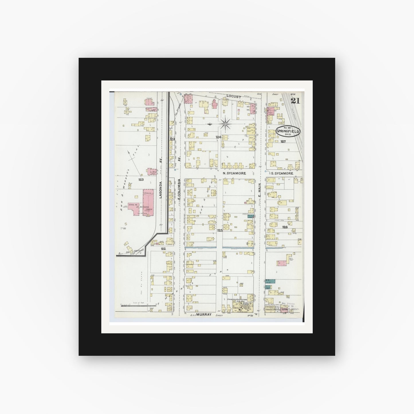 Old map wall art mockup — black gallery frame with white mat — Sanborn Fire Insurance Map from Springfield, Clark County, Ohio (1891), Sheet #0021