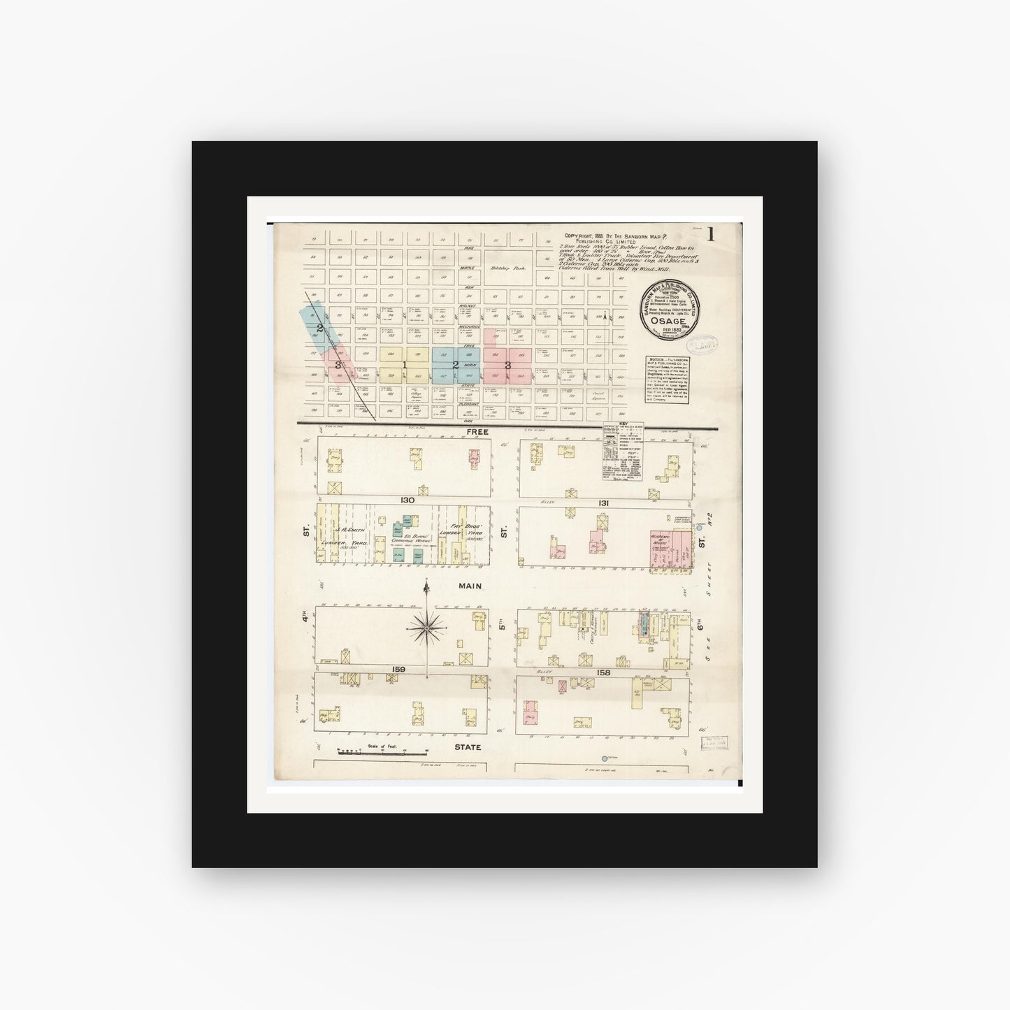 Old map wall art mockup — black gallery frame with white mat — Sanborn Fire Insurance Map from Osage, Mitchell County, Iowa (1883), Sheet #0001