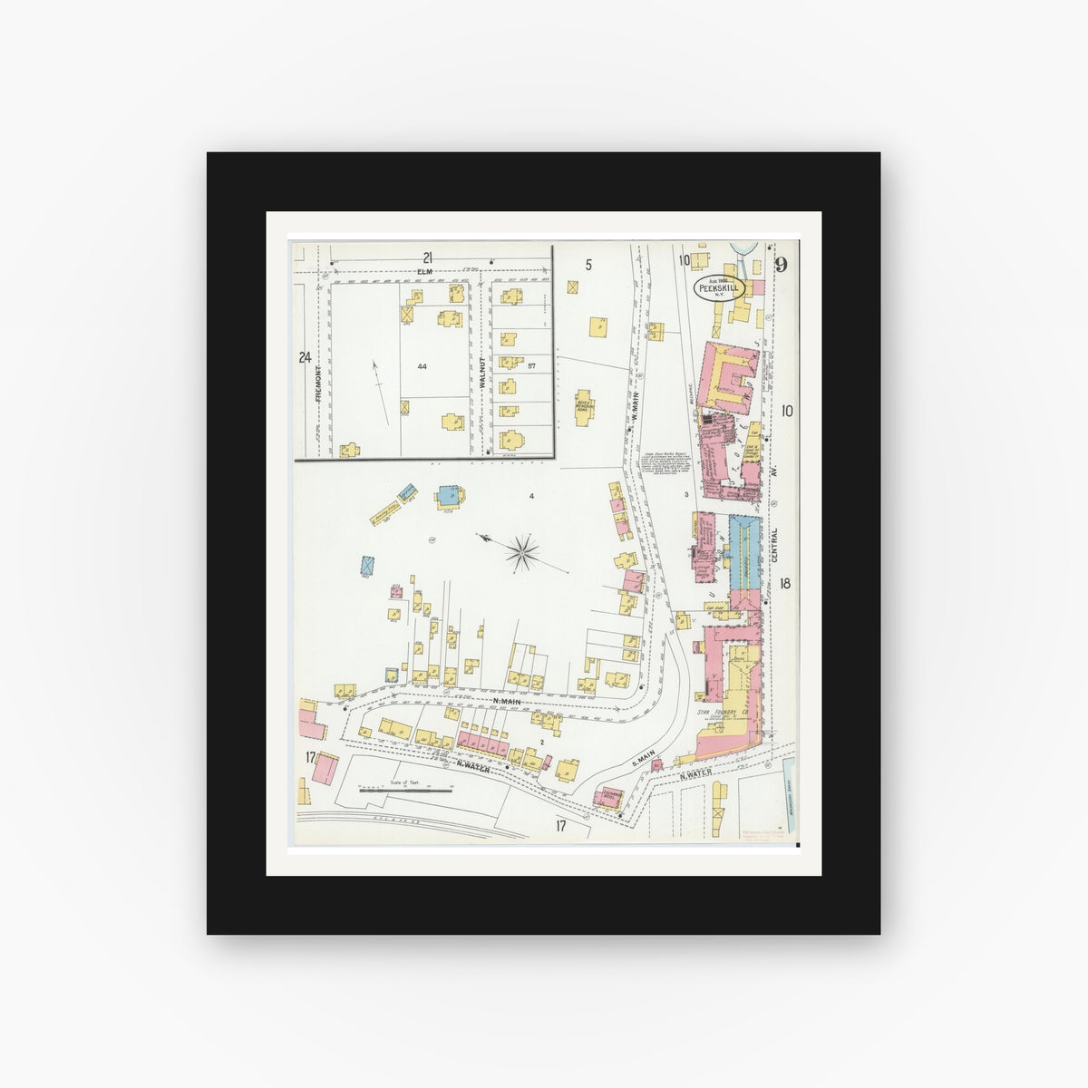 Old map wall art mockup — black gallery frame with white mat — Sanborn Fire Insurance Map from Peekskill, Westchester County, New York (1900), Sheet #0009