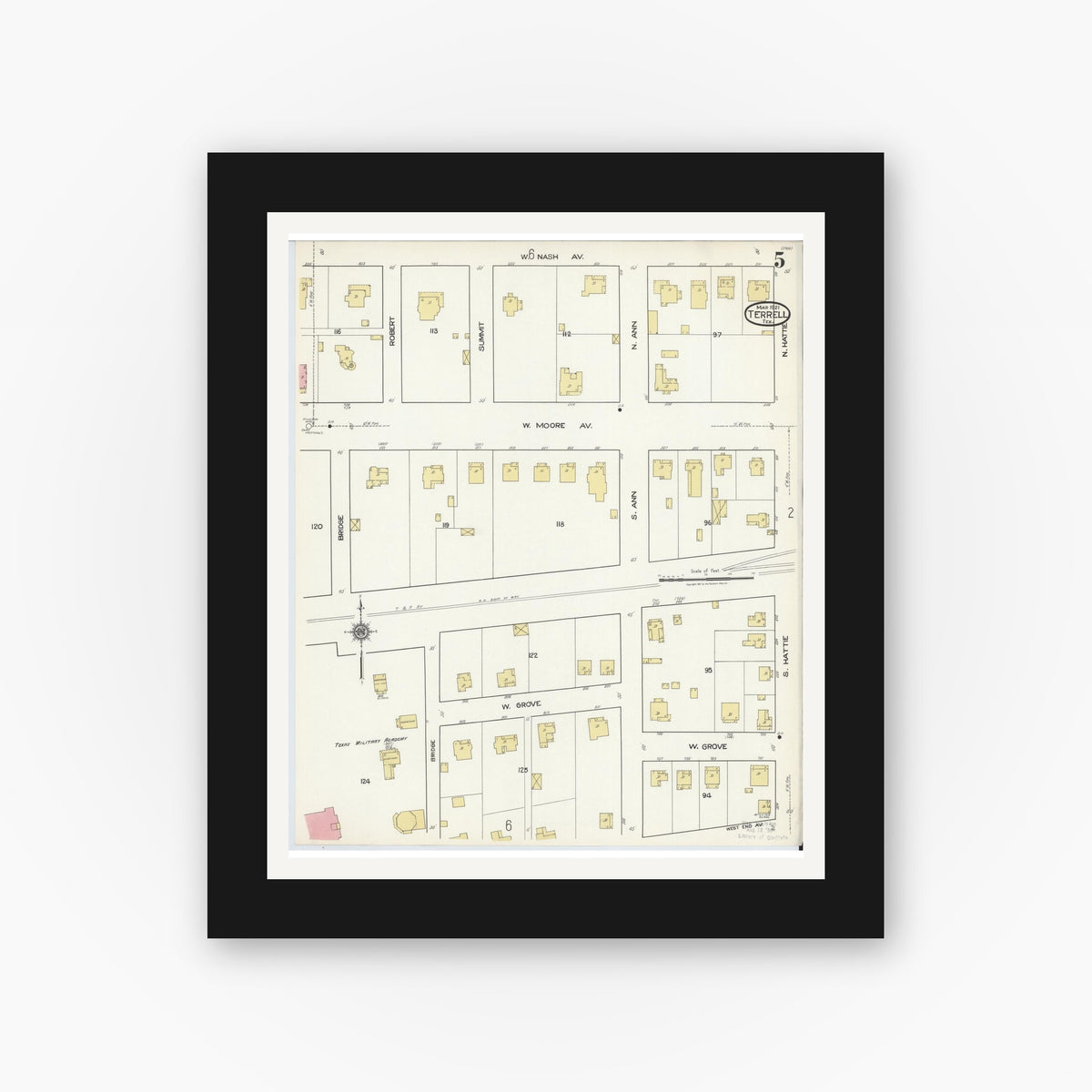 Old map wall art mockup — black gallery frame with white mat — Sanborn Fire Insurance Map from Terrell, Kaufman County, Texas (1921), Sheet #0005