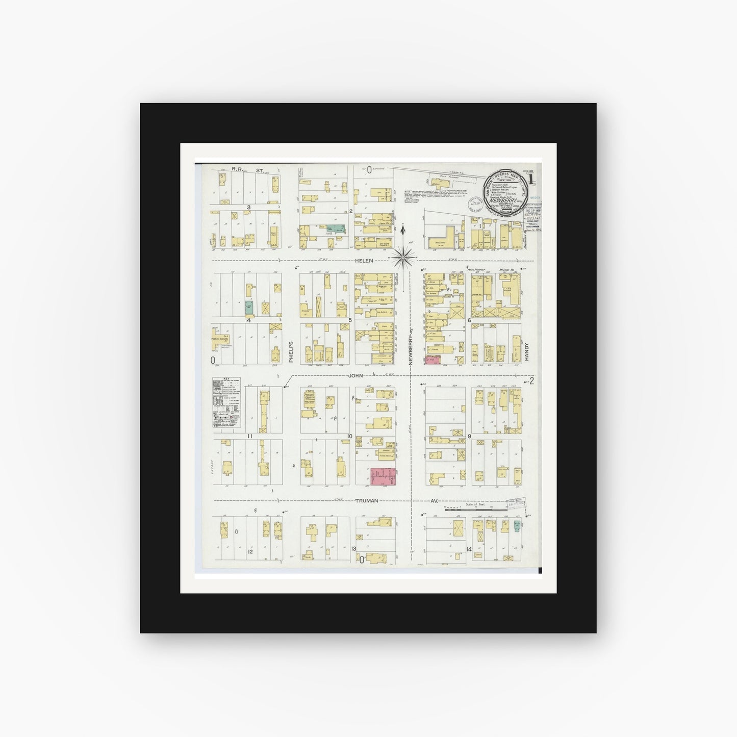 Old map wall art mockup — black gallery frame with white mat — Sanborn Fire Insurance Map from Newberry, Luce County, Michigan (1900) - Complete Map Set