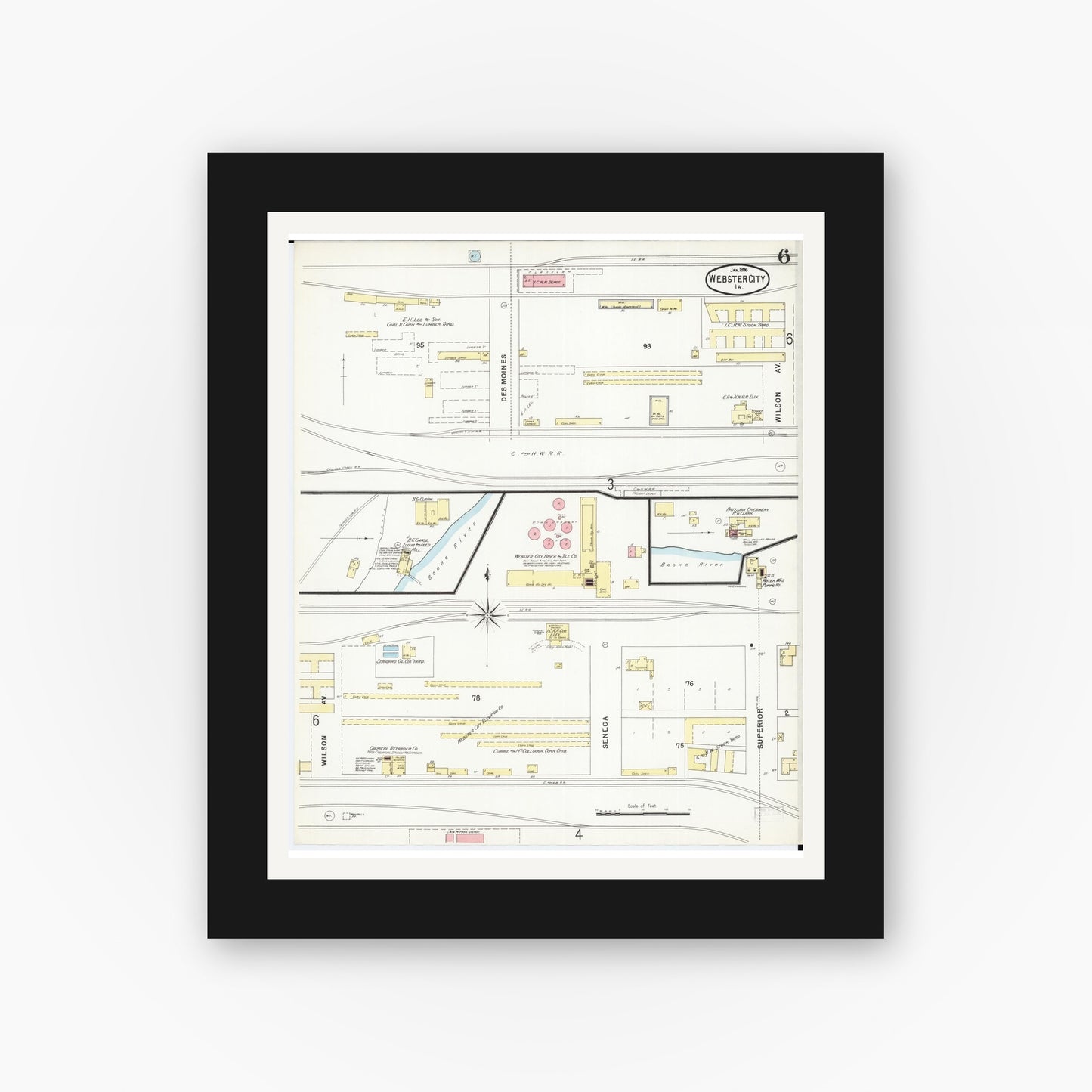 Old map wall art mockup — black gallery frame with white mat — Sanborn Fire Insurance Map from Webster City, Hamilton County, Iowa (1896), Sheet #0006
