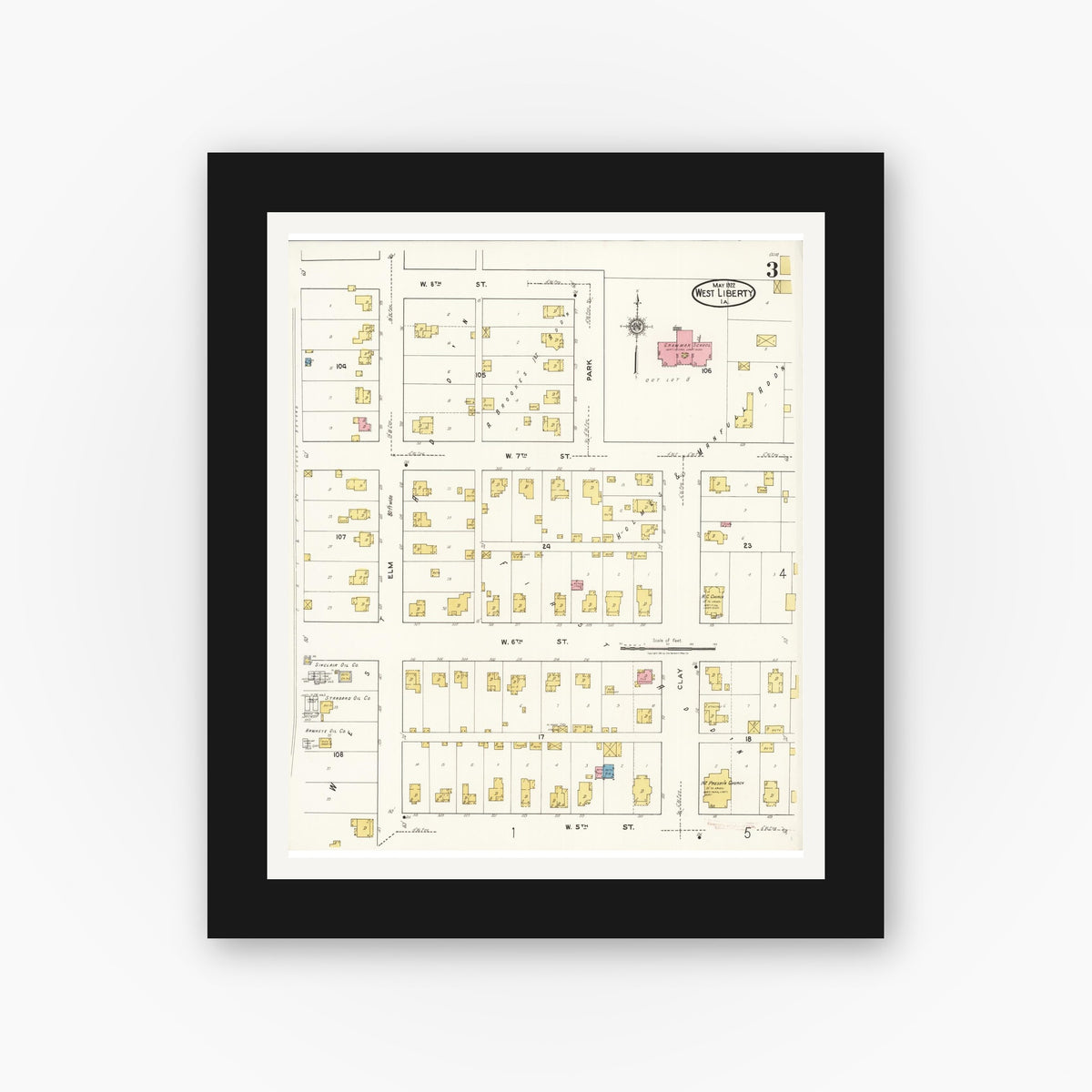 Old map wall art mockup — black gallery frame with white mat — Sanborn Fire Insurance Map from West Liberty, Muscatine County, Iowa (1922), Sheet #0003