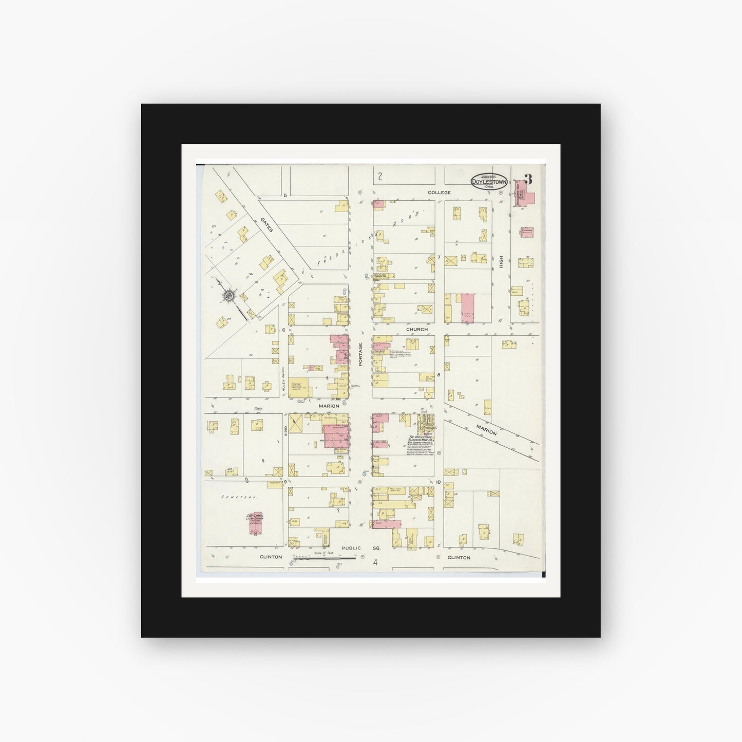 Old map wall art mockup — black gallery frame with white mat — Sanborn Fire Insurance Map from Doylestown, Wayne County, Ohio (1915), Sheet #0003