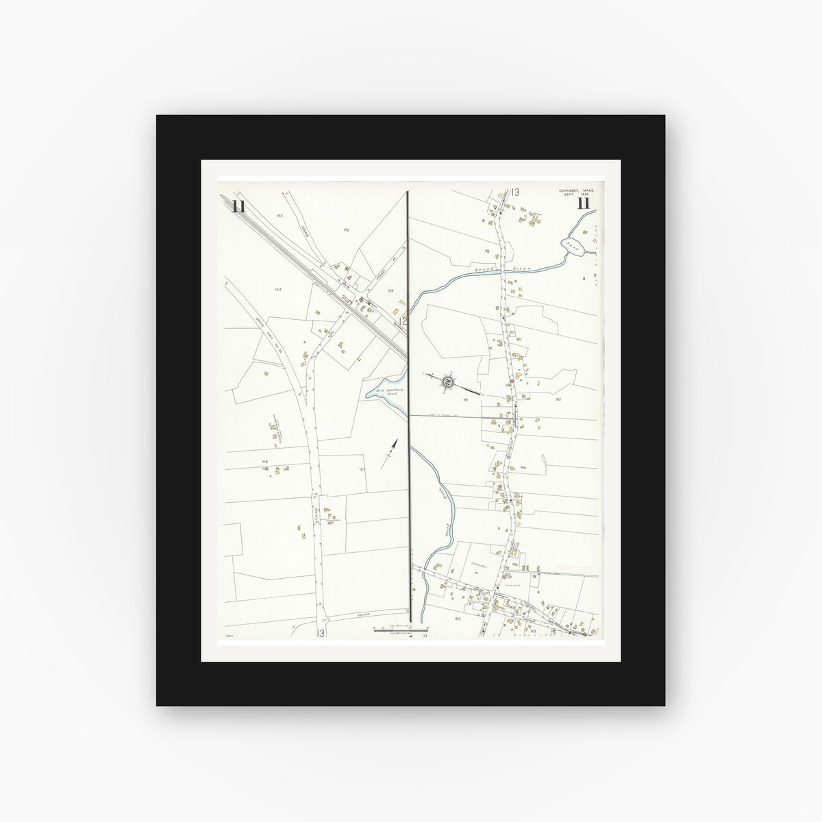 Old map wall art mockup — black gallery frame with white mat — Sanborn Fire Insurance Map from Cohasset, Norfolk County, Massachusetts (1935), Sheet #0011