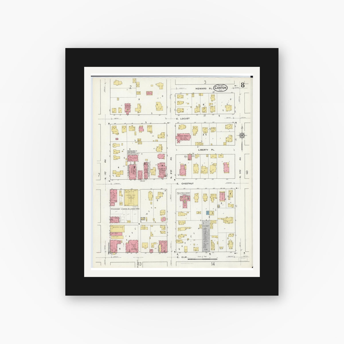 Old map wall art mockup — black gallery frame with white mat — Sanborn Fire Insurance Map from Canton, Fulton County, Illinois (1917), Sheet #0008