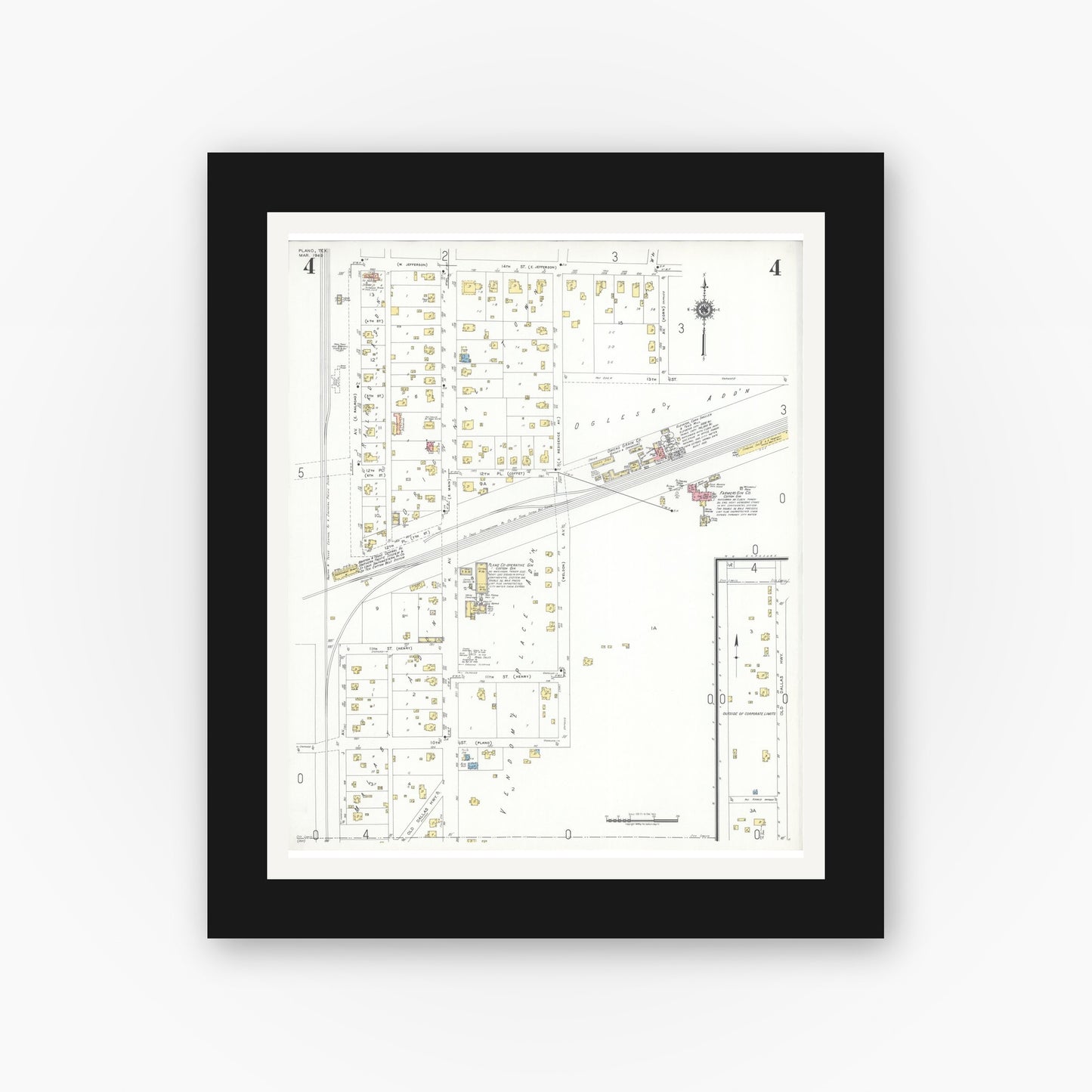 Old map wall art mockup — black gallery frame with white mat — Sanborn Fire Insurance Map from Plano, Collin County, Texas (1949), Sheet #0004
