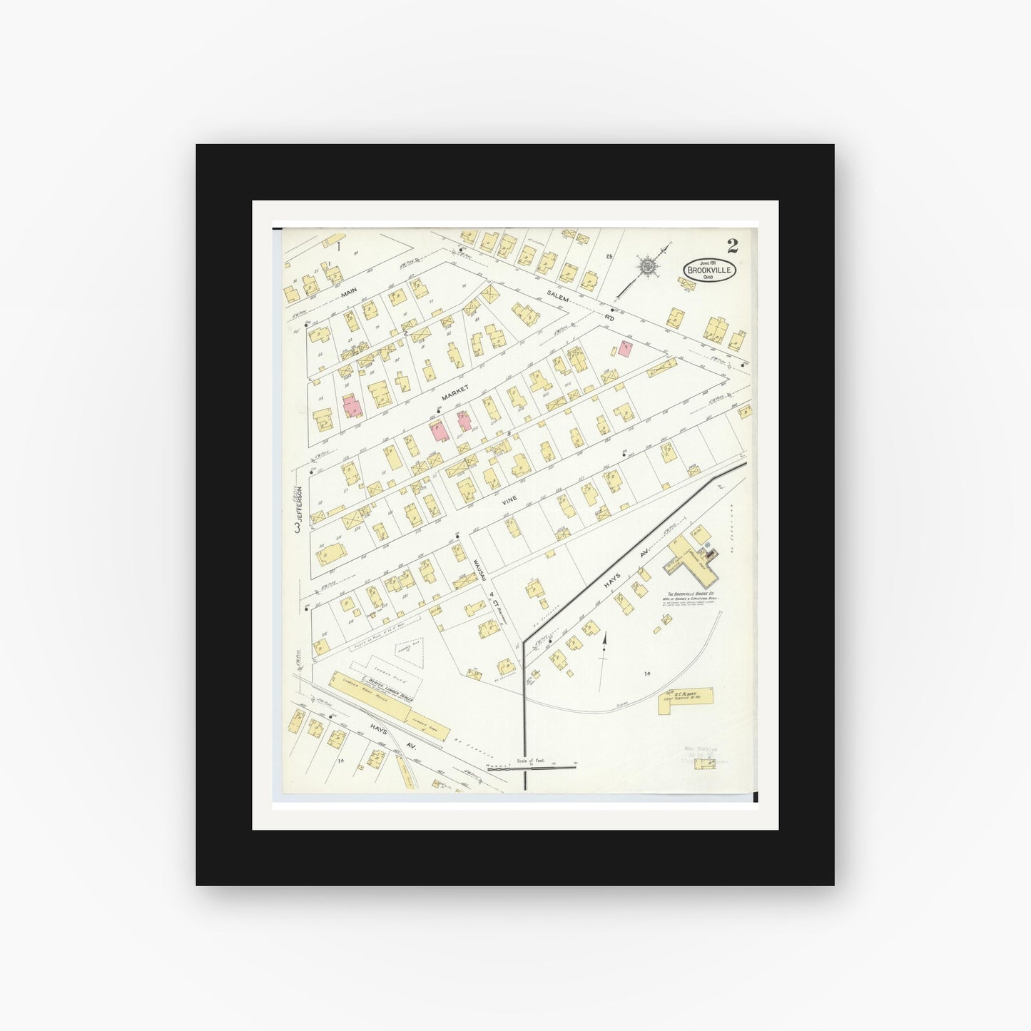 Old map wall art mockup — black gallery frame with white mat — Sanborn Fire Insurance Map from Brookville, Montgomery County, Ohio (1911), Sheet #0002