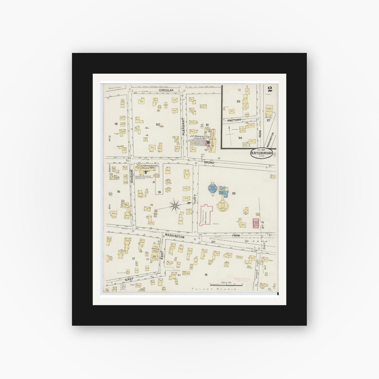 Old map wall art mockup — black gallery frame with white mat — Sanborn Fire Insurance Map from North Attleborough, Bristol County, Massachusetts (1889), Sheet #0002