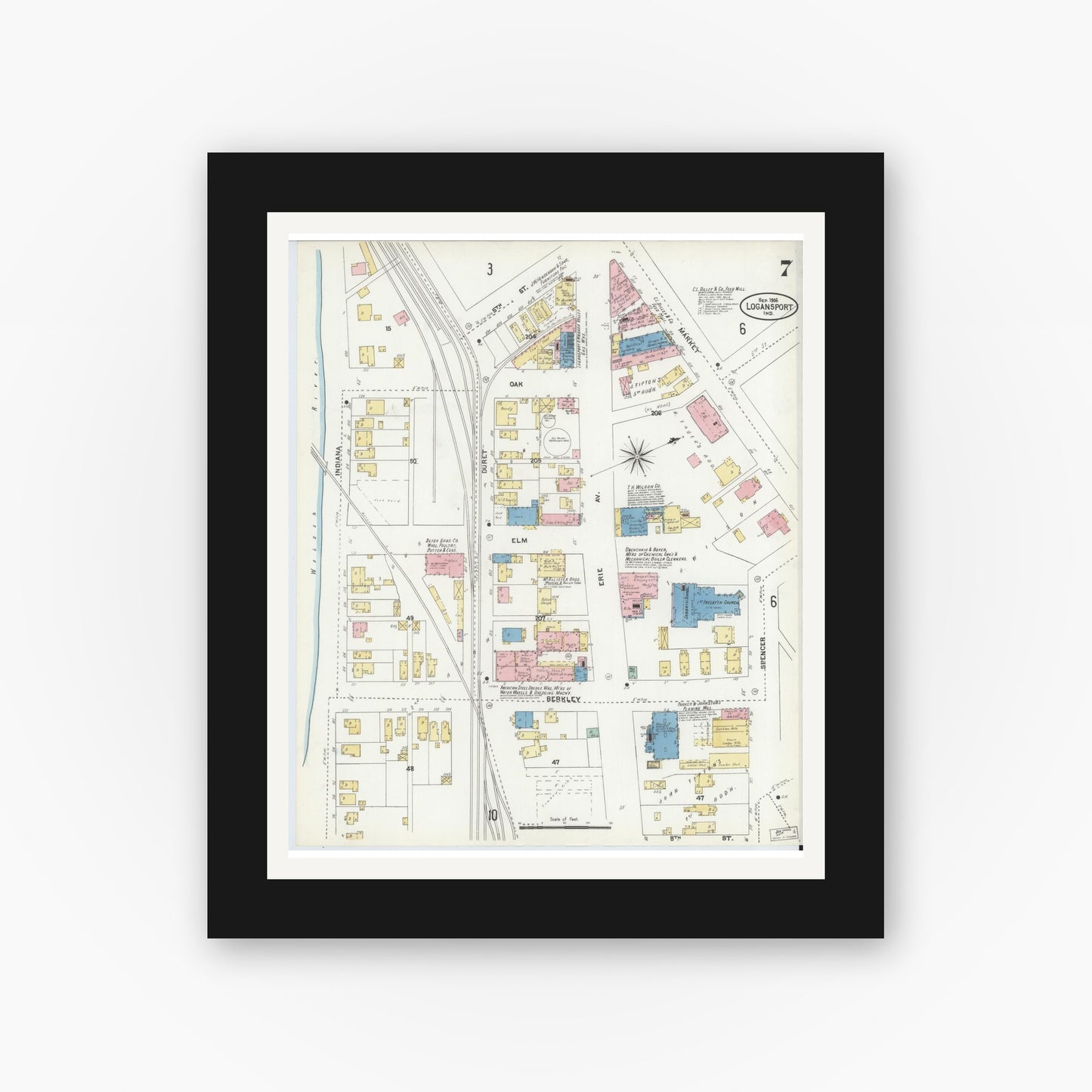 Old map wall art mockup — black gallery frame with white mat — Sanborn Fire Insurance Map from Logansport, Cass County, Indiana (1906), Sheet #0007