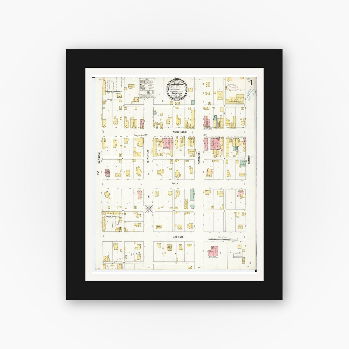 Old map wall art mockup — black gallery frame with white mat — Sanborn Fire Insurance Map from Brighton, Washington County, Iowa (1899), Sheet #0001