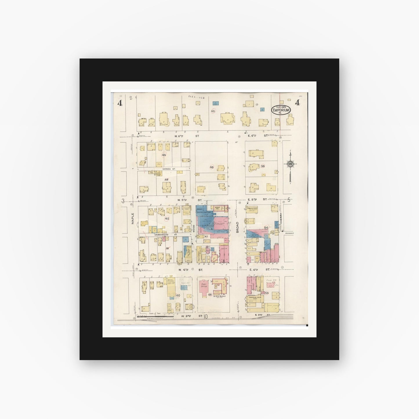 Old map wall art mockup — black gallery frame with white mat — Sanborn Fire Insurance Map from Emporium, Cameron County, Pennsylvania (1938), Sheet #0004