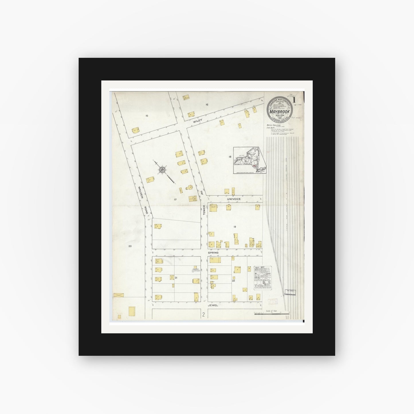 Old map wall art mockup — black gallery frame with white mat — Sanborn Fire Insurance Map from Maybrook, Orange County, New York (1915) - Complete Map Set