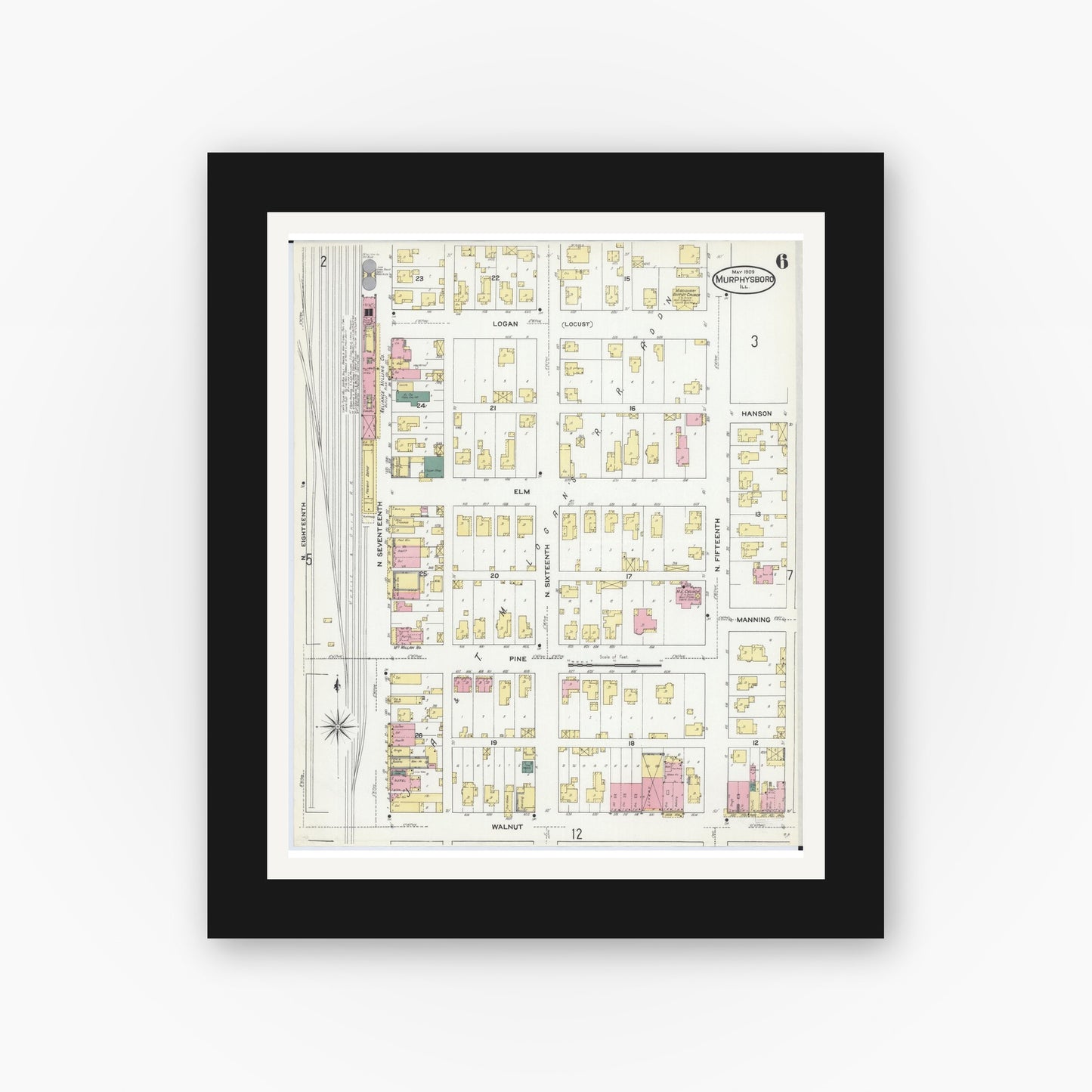 Old map wall art mockup — black gallery frame with white mat — Sanborn Fire Insurance Map from Murphysboro, Jackson County, Illinois (1909), Sheet #0006