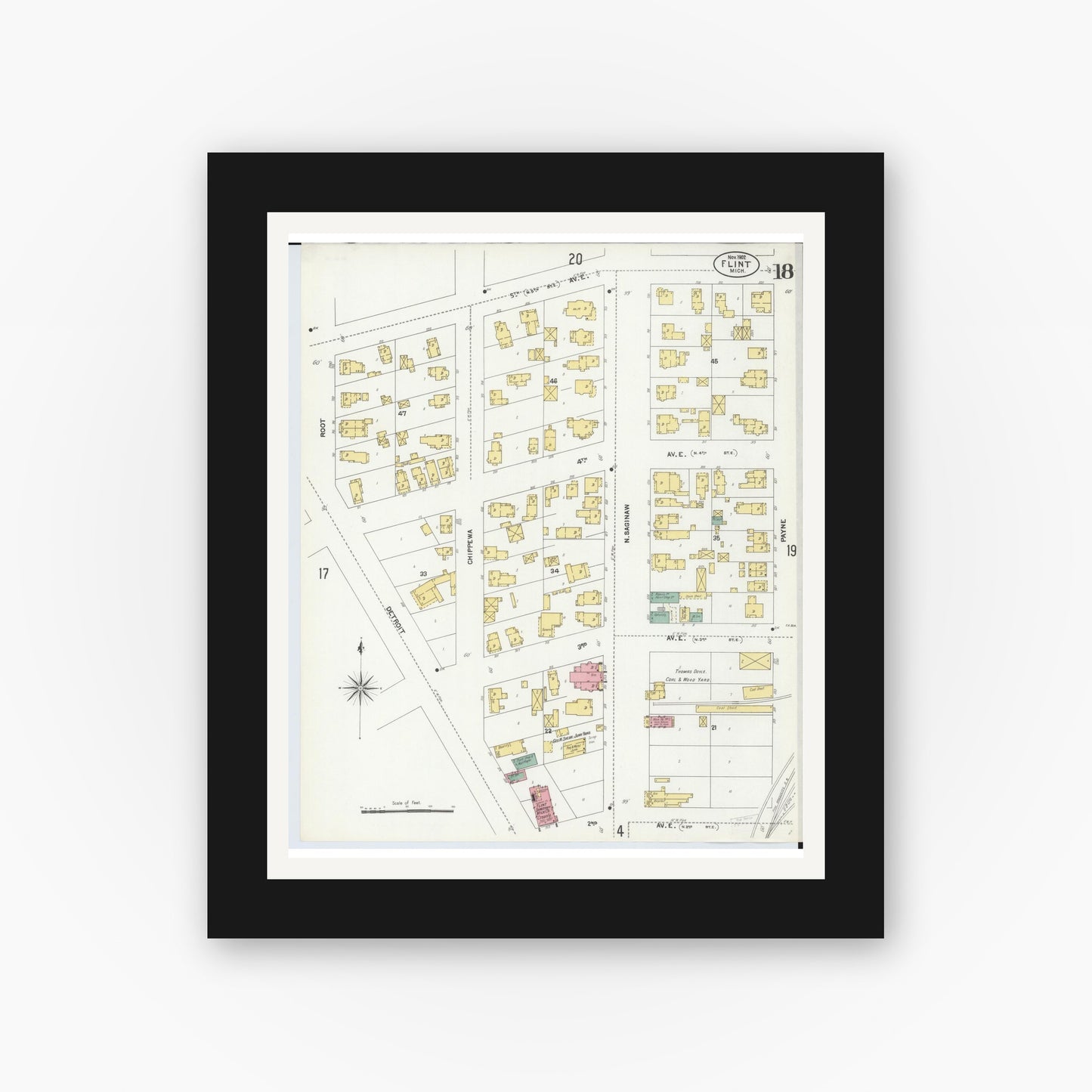 Old map wall art mockup — black gallery frame with white mat — Sanborn Fire Insurance Map from Flint, Genesee County, Michigan (1902), Sheet #0018