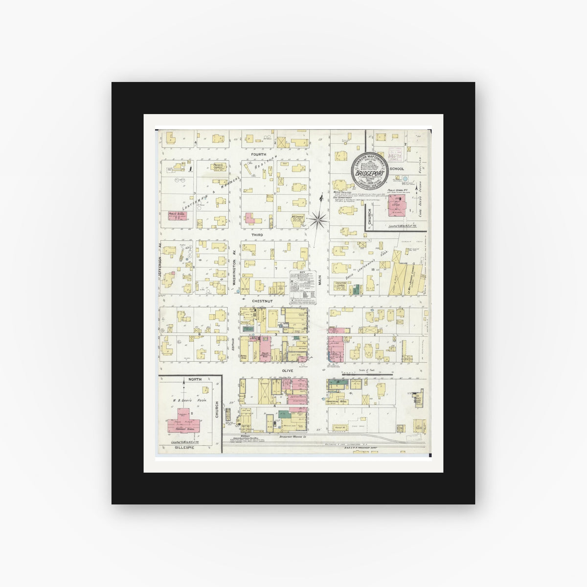 Old map wall art mockup — black gallery frame with white mat — Sanborn Fire Insurance Map from Bridgeport, Lawrence County, Illinois (1909), Sheet #0001