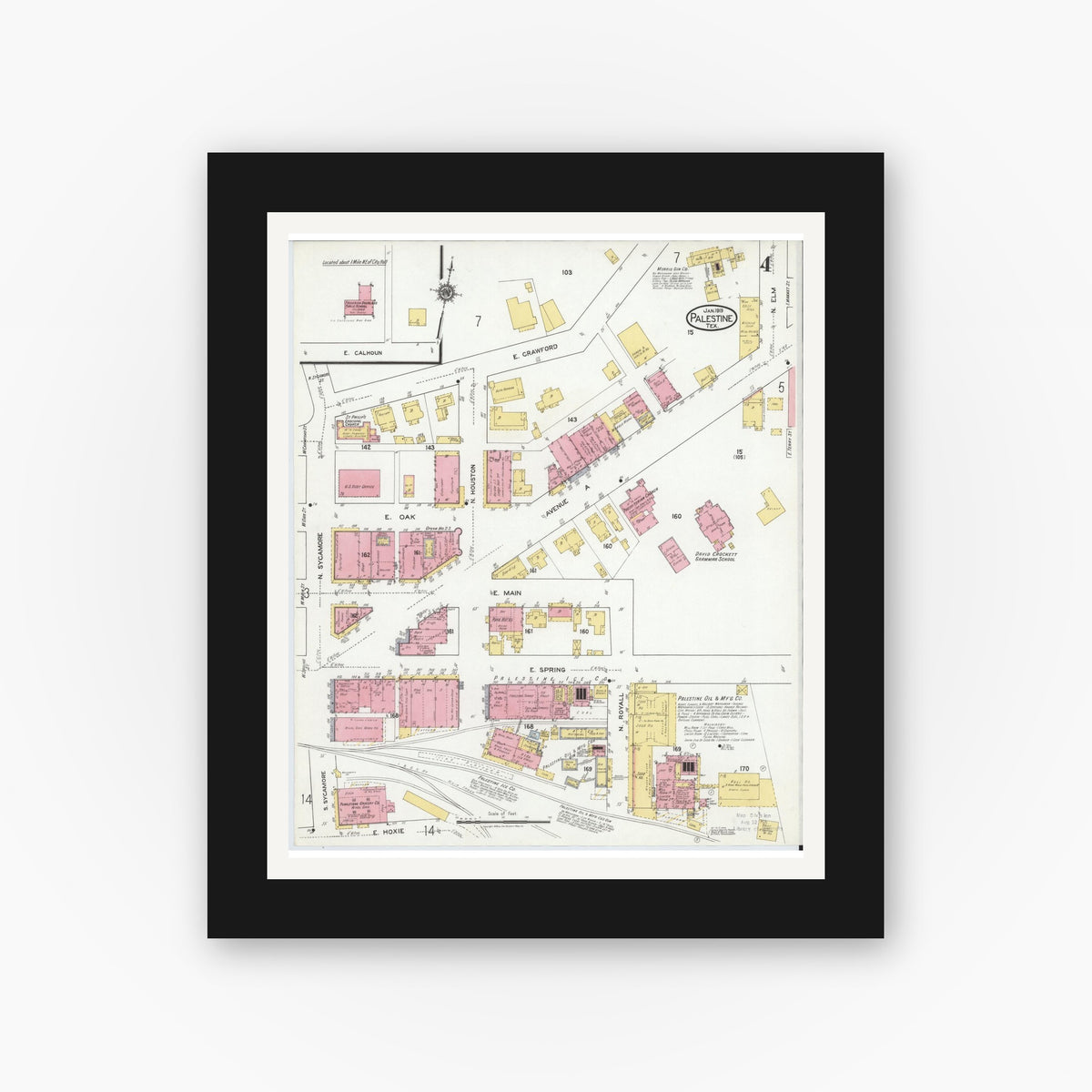 Old map wall art mockup — black gallery frame with white mat — Sanborn Fire Insurance Map from Palestine, Anderson County, Texas (1919), Sheet #0004