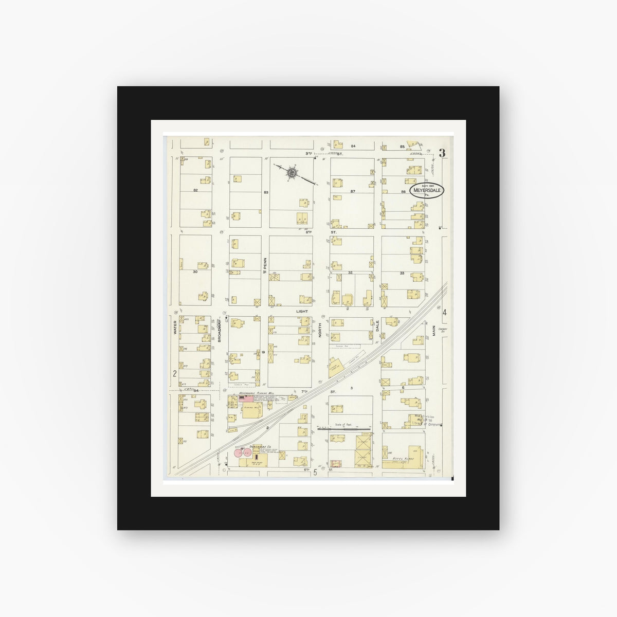 Old map wall art mockup — black gallery frame with white mat — Sanborn Fire Insurance Map from Meyersdale, Somerset County, Pennsylvania (1910), Sheet #0003