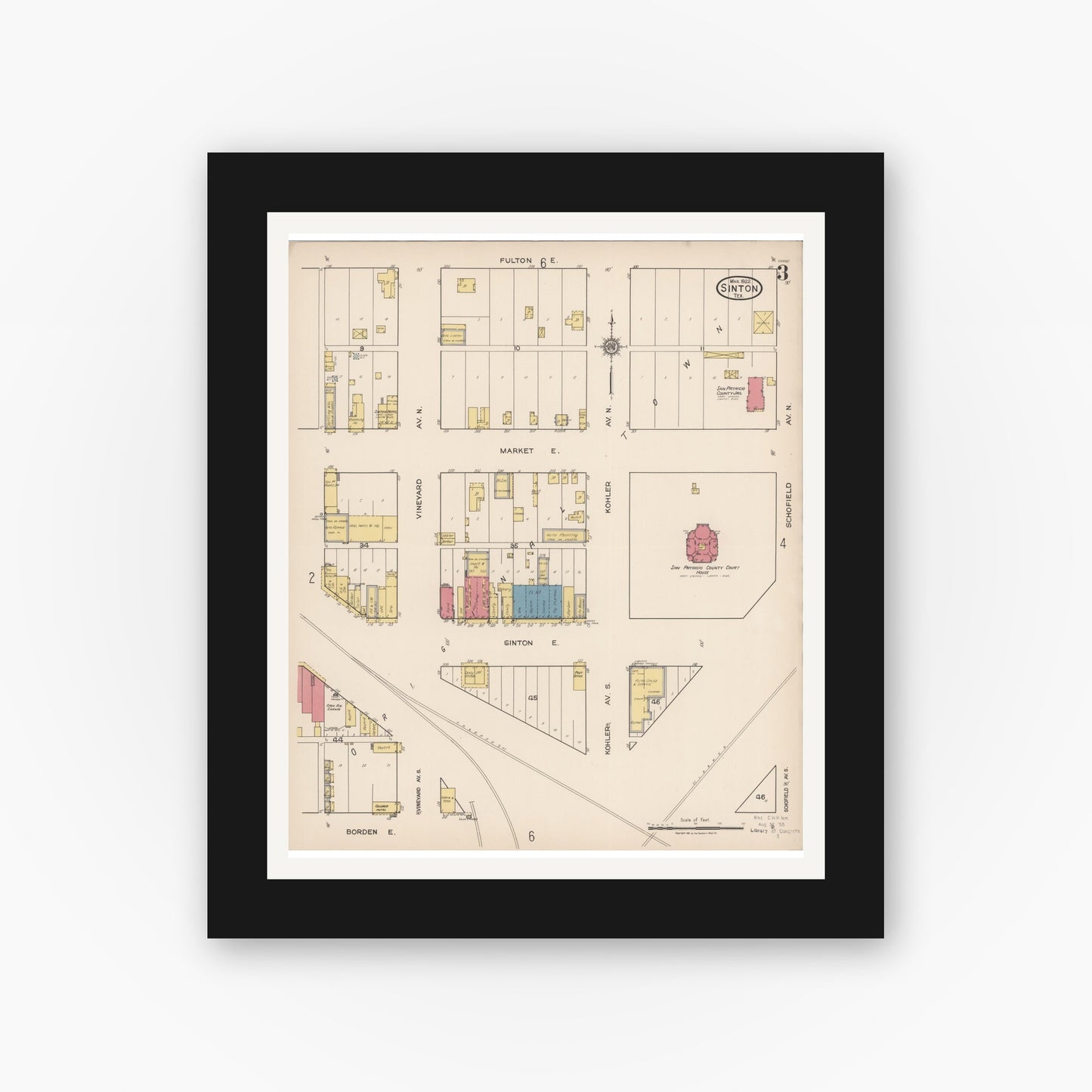 Old map wall art mockup — black gallery frame with white mat — Sanborn Fire Insurance Map from Sinton, San Patricio County, Texas (1922), Sheet #0003