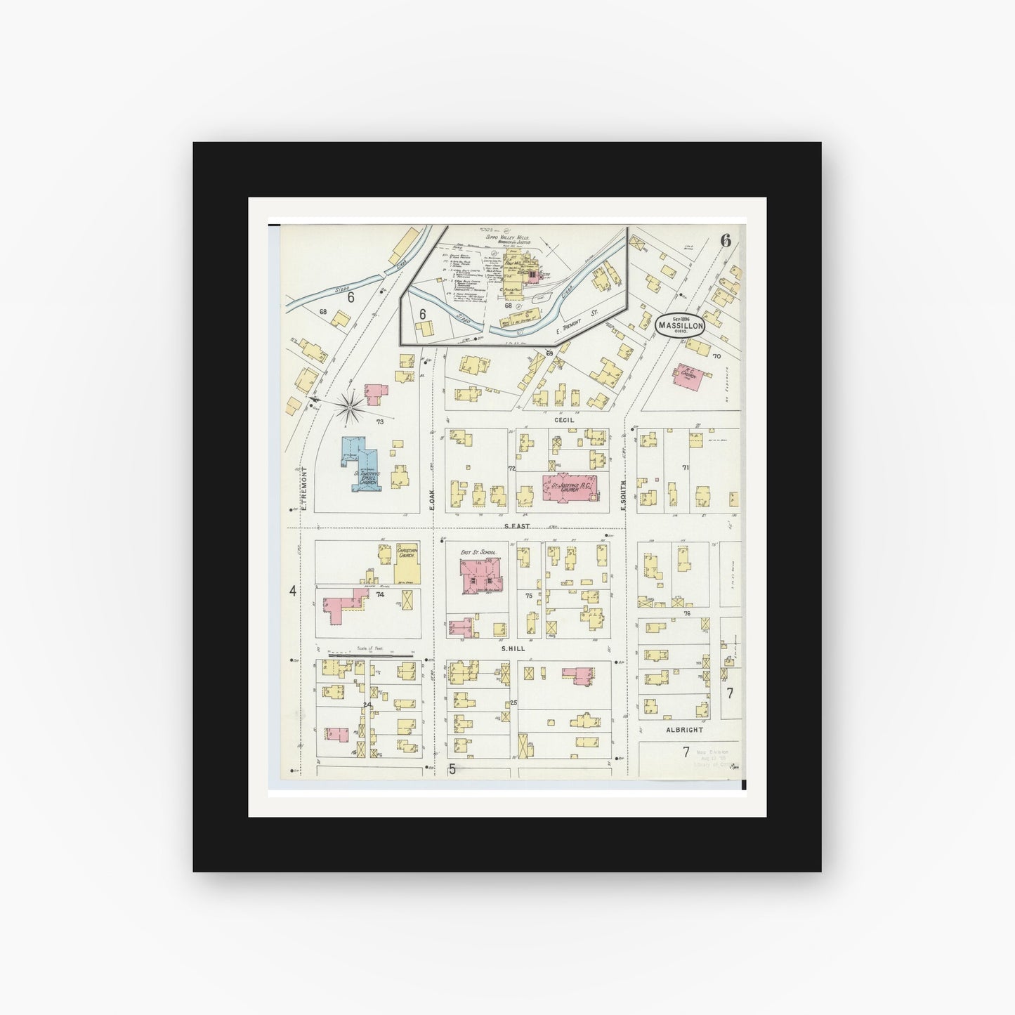 Old map wall art mockup — black gallery frame with white mat — Sanborn Fire Insurance Map from Massillon, Stark County, Ohio (1896), Sheet #0006