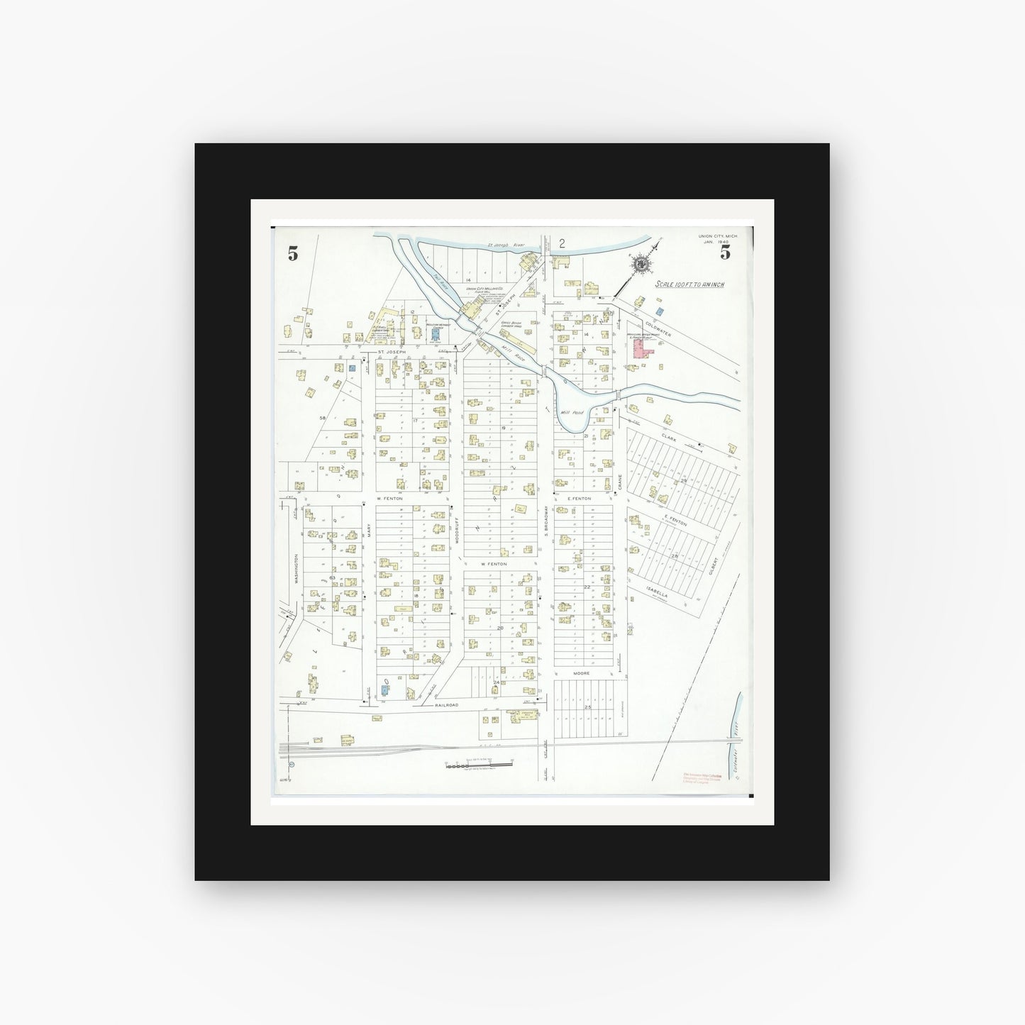 Old map wall art mockup — black gallery frame with white mat — Sanborn Fire Insurance Map from Union City, Branch And Calhoun Counties, Michigan (1940), Sheet #0005