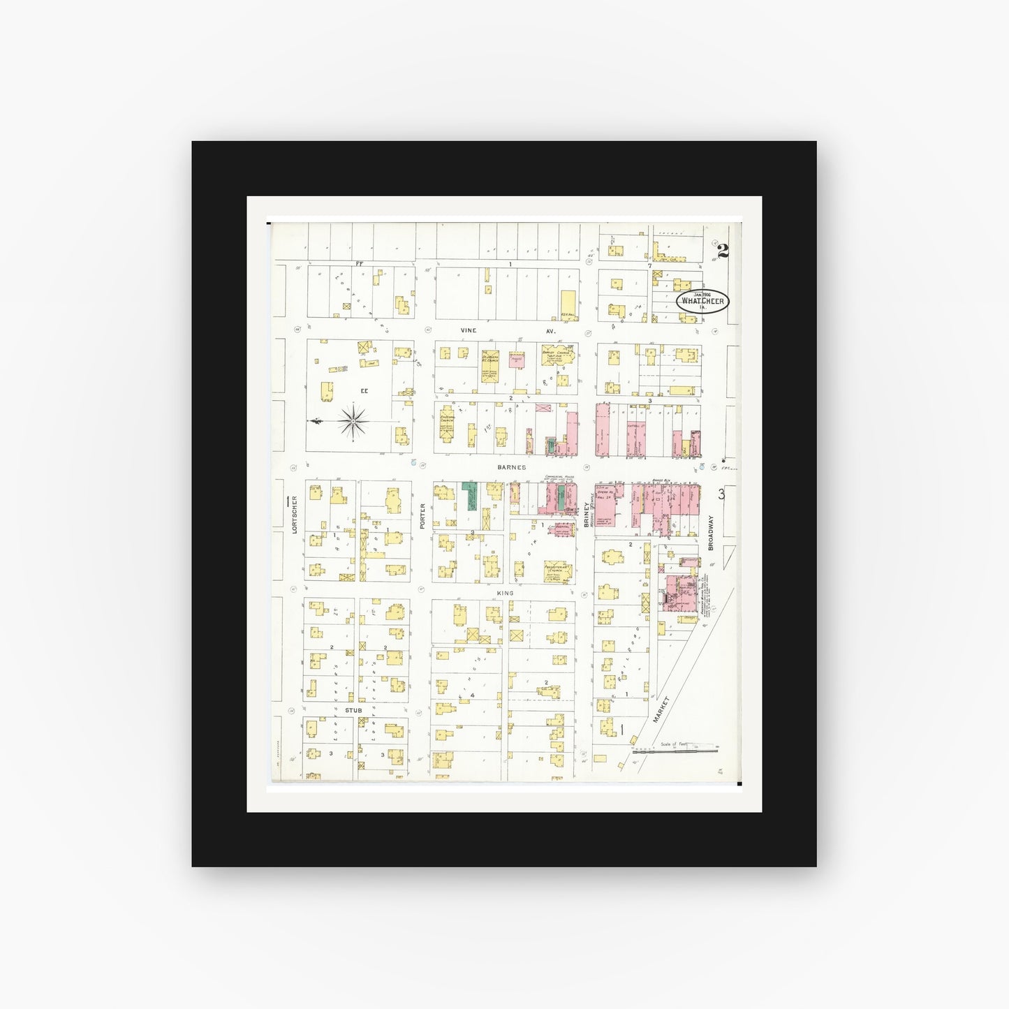 Old map wall art mockup — black gallery frame with white mat — Sanborn Fire Insurance Map from What Cheer, Keokuk County, Iowa (1906), Sheet #0002