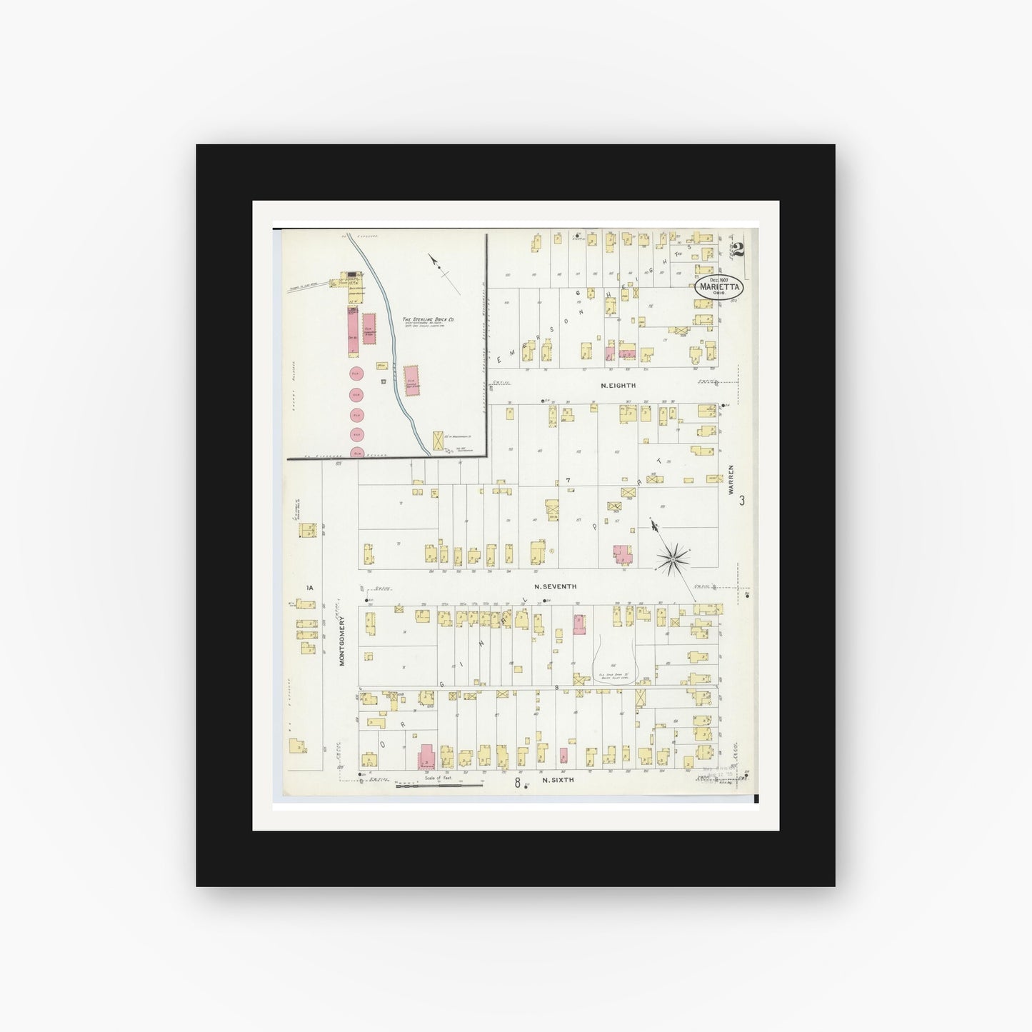 Old map wall art mockup — black gallery frame with white mat — Sanborn Fire Insurance Map from Marietta, Washington County, Ohio (1907), Sheet #0002