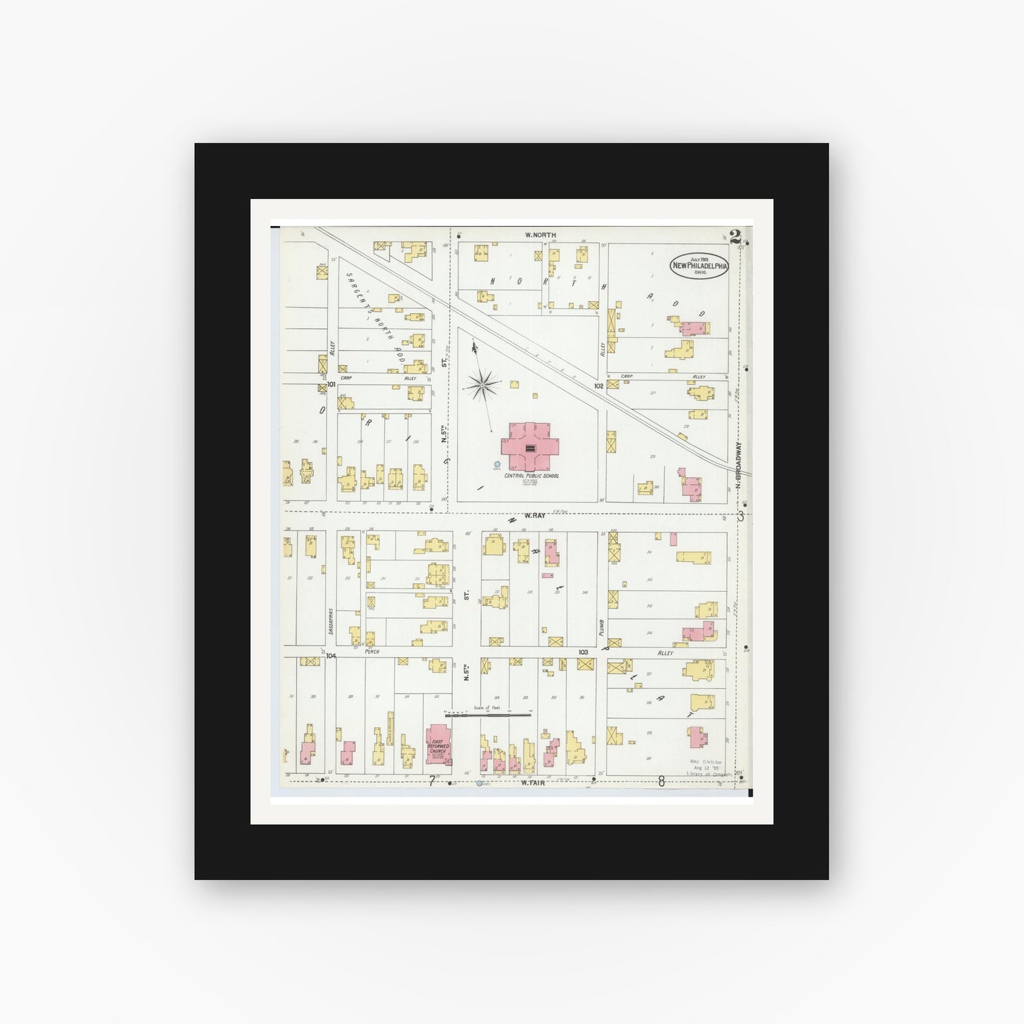 Old map wall art mockup — black gallery frame with white mat — Sanborn Fire Insurance Map from New Philadelphia, Tuscarawas County, Ohio (1901), Sheet #0002