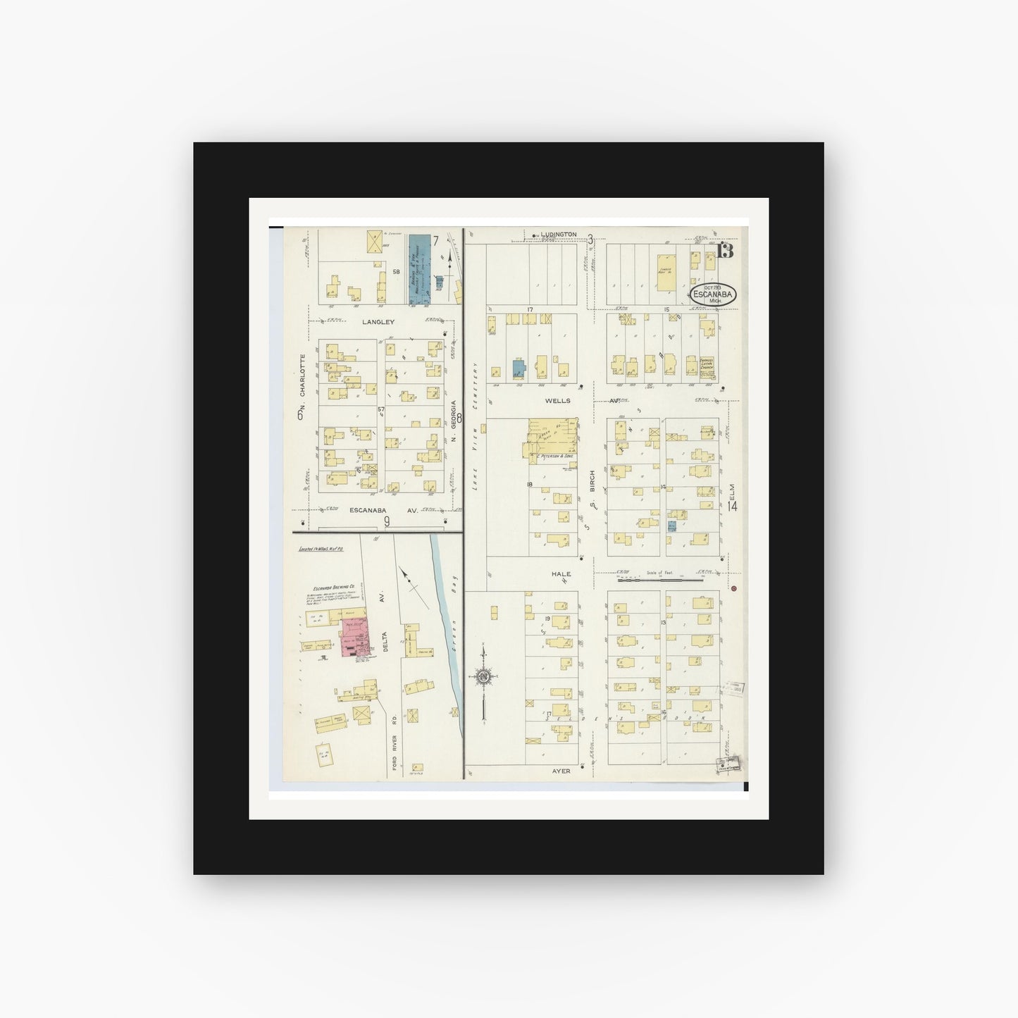 Old map wall art mockup — black gallery frame with white mat — Sanborn Fire Insurance Map from Escanaba, Delta County, Michigan (1913), Sheet #0013