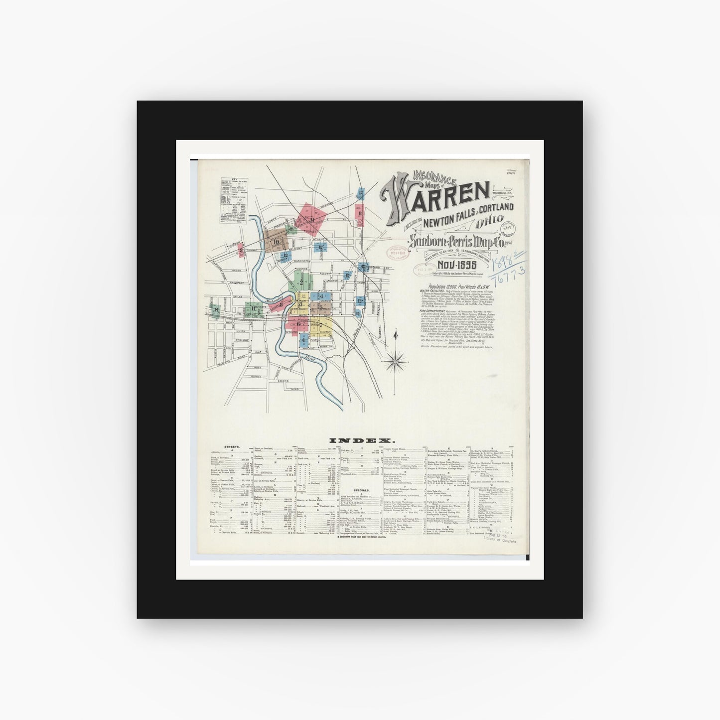 Old map wall art mockup — black gallery frame with white mat — Sanborn Fire Insurance Map from Warren, Trumbull County, Ohio (1898), Sheet #0001