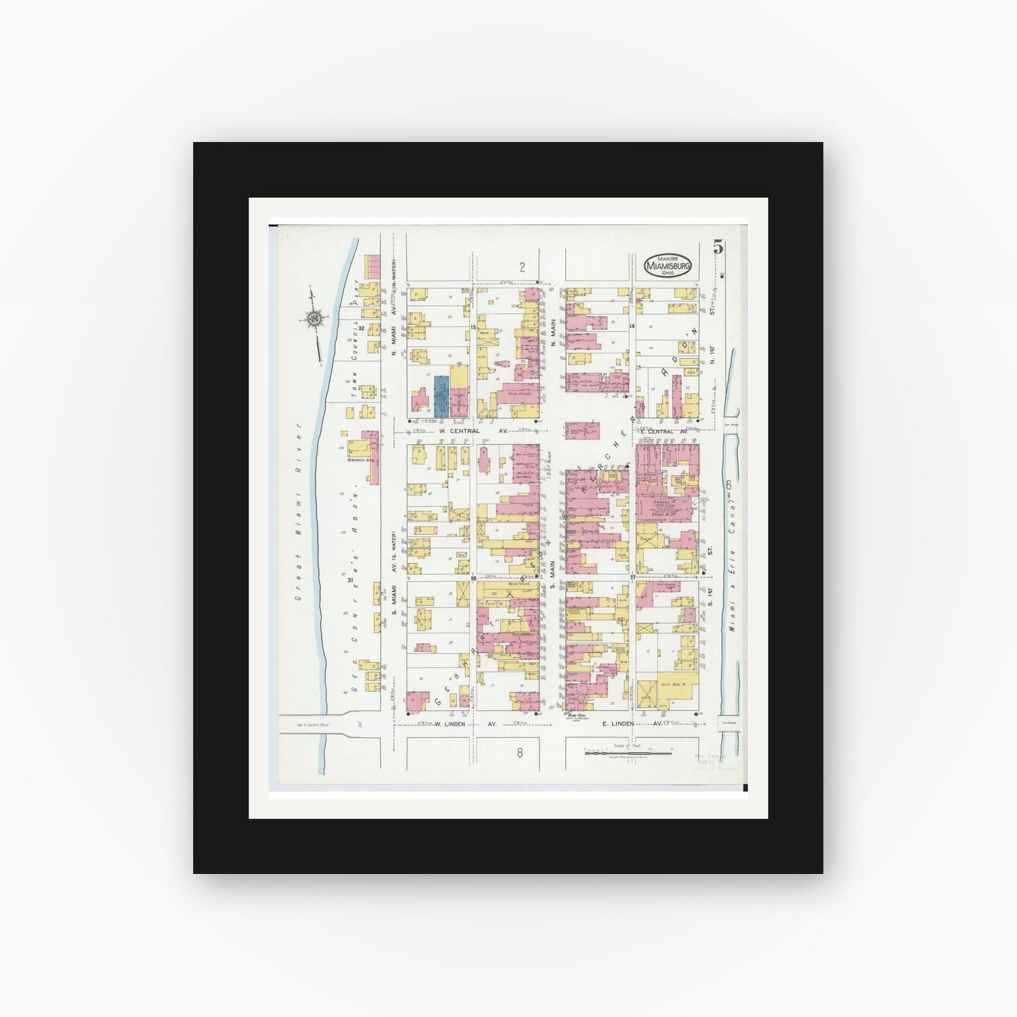 Old map wall art mockup — black gallery frame with white mat — Sanborn Fire Insurance Map from Miamisburg, Montgomery County, Ohio (1919), Sheet #0005